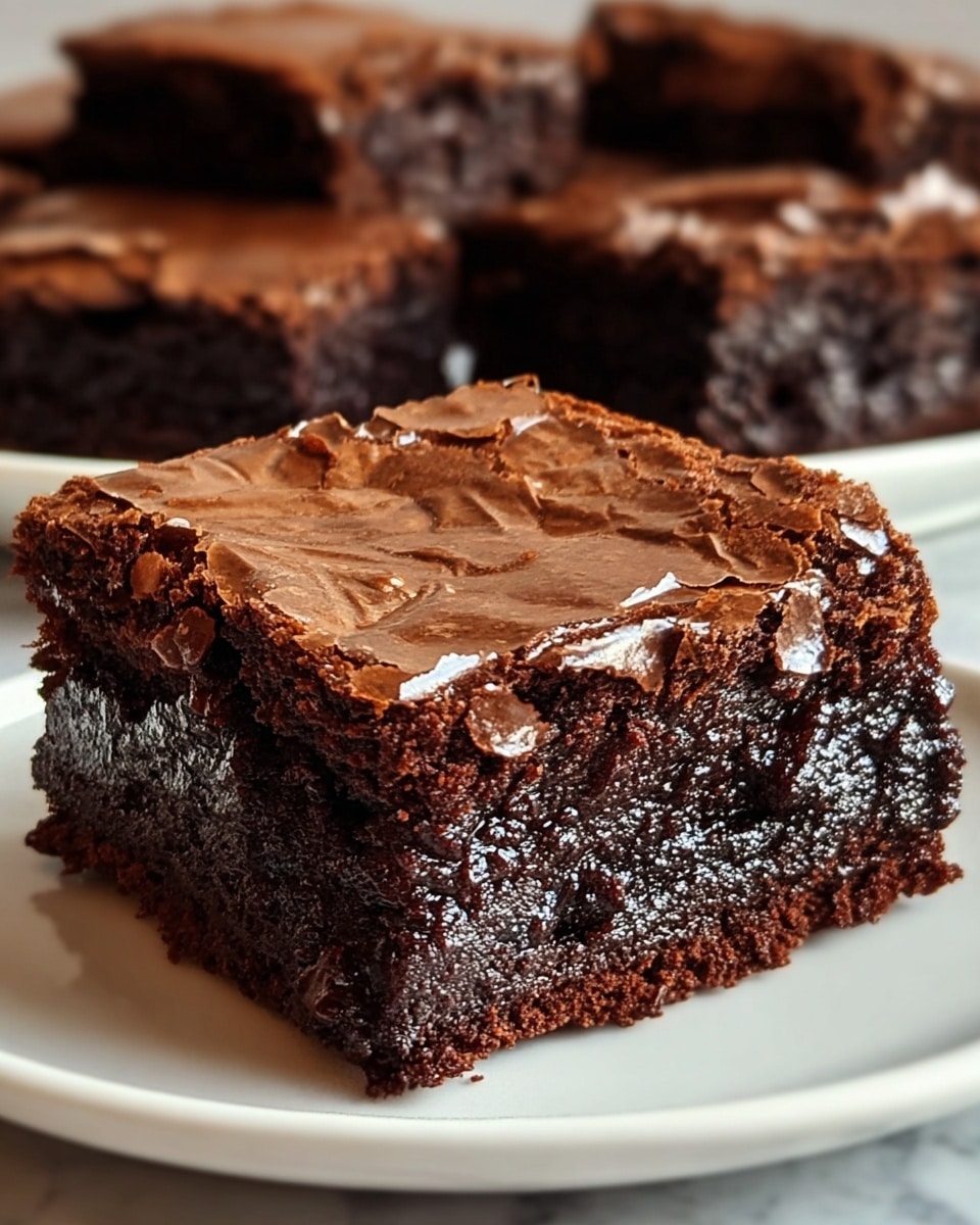 A single thick square brownie with a shiny, cracked dark chocolate top layer sits centered on a white plate. The brownie has a dense, moist interior with a rich dark brown color and a slightly crumbly texture around the edges. The top layer is smooth with subtle waves of glossy chocolate, and the crust has small cracks revealing the fudgy inside. In the blurred background, more brownies are visible on the same white marbled surface. photo taken with an iphone --ar 4:5 --v 7