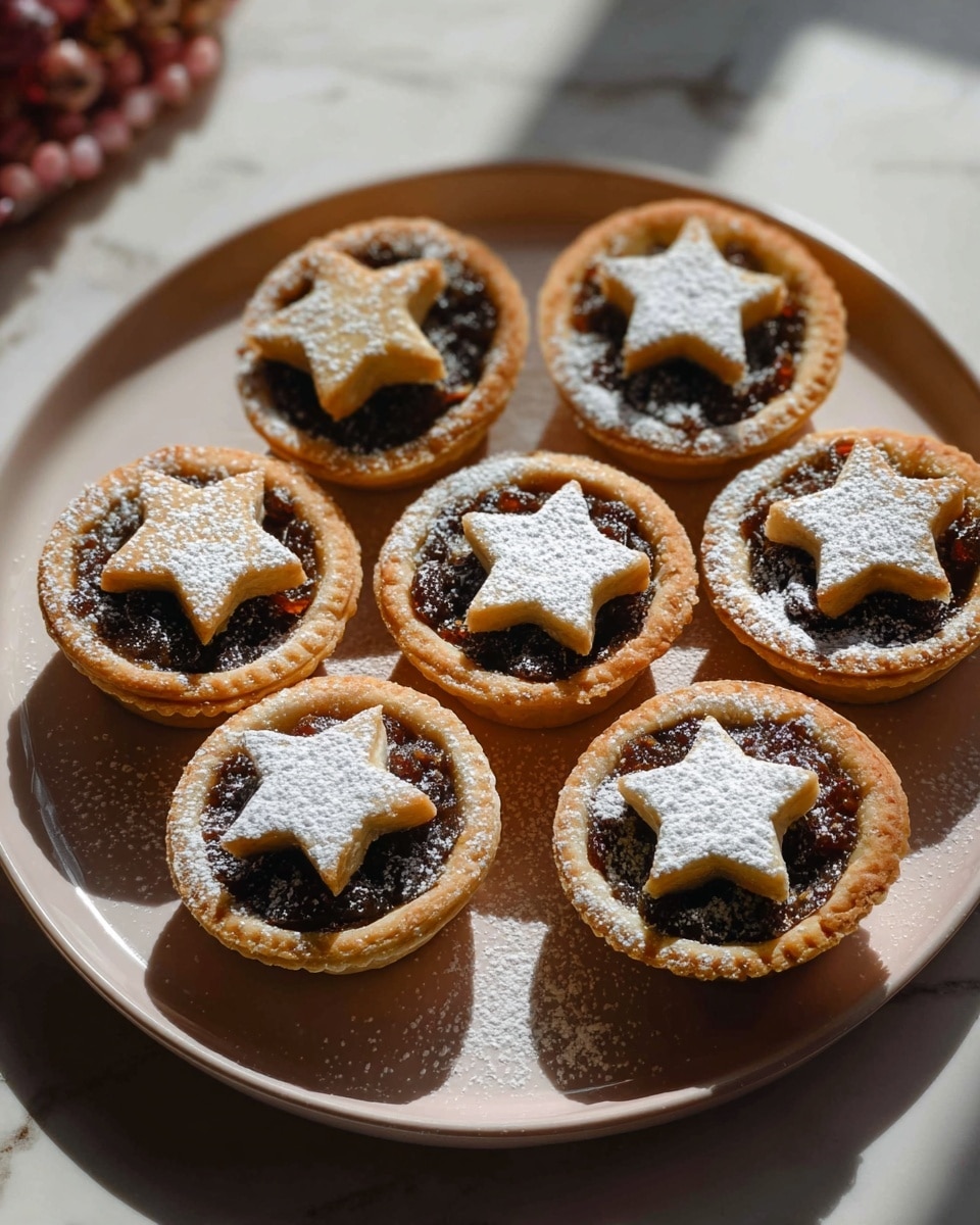 The image shows seven small mince pies arranged closely on a white plate. Each pie has three visible layers: a golden-brown crust forming a round base and edges, a dark, textured filling made of dried fruits in the center, and a light golden star-shaped pastry piece on top, dusted with white powdered sugar that adds a soft, snowy look. The background features a white marbled texture with warm sunlight casting soft shadows, adding a cozy and inviting feel. Photo taken with an iphone --ar 4:5 --v 7