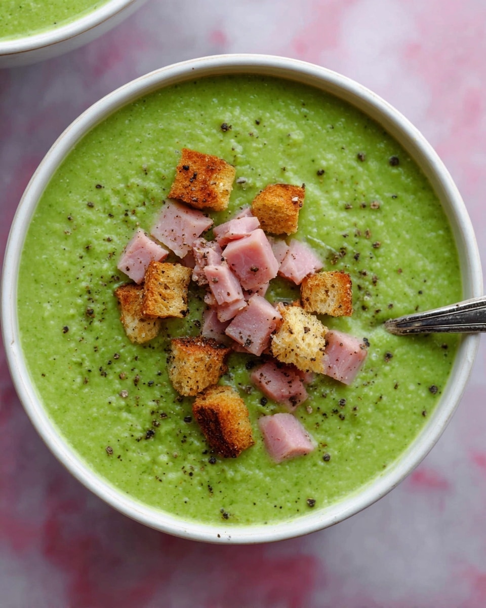 A white bowl filled with bright green creamy soup that has a slightly textured surface, topped with small pieces of light pink ham scattered in the center, and golden brown crunchy croutons arranged mainly on top of the ham with a few around, all sprinkled lightly with black pepper. The bowl is on a soft white marbled surface, with a silver spoon resting inside the bowl on the right side. photo taken with an iphone --ar 4:5 --v 7