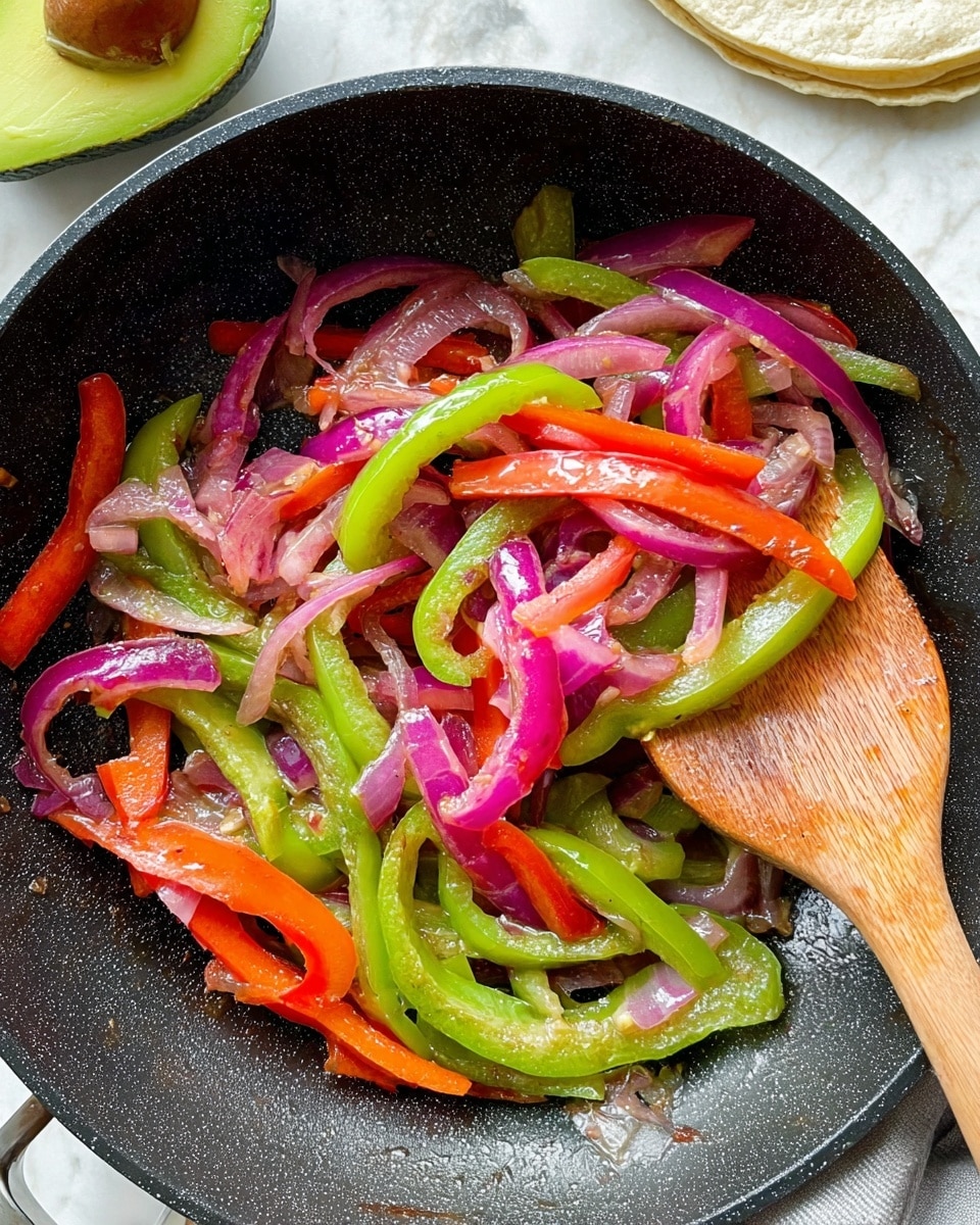 A stack of light beige soft flour tortillas lies on a white plate, each tortilla thin and smooth with faint brown spots. On top of the tortillas sits a small pile of sautéed vegetables layered in a mix of thin strips: translucent purple onions, bright green bell peppers, and vibrant orange-red bell peppers, all slightly shiny from cooking and arranged loosely in the center. In the background, fresh red tomatoes and a large bowl filled with more colorful vegetables can be seen, set on a white marbled surface. The photo taken with an iphone --ar 4:5 --v 7