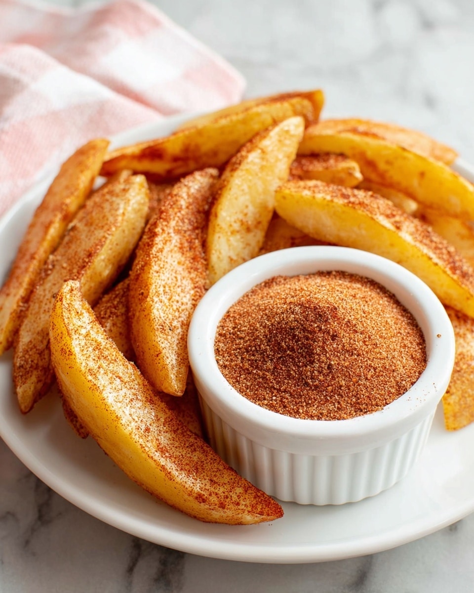 A white round plate filled with thick potato wedges arranged around the edge, each wedge coated with a fine layer of reddish-brown seasoning, giving a textured and slightly rough look; in the center of the plate sits a small white ramekin filled to the brim with a mound of finely ground reddish-brown spice mix that appears granular and powdery; the plate rests on a white marbled surface with a soft pink and white checkered cloth visible in the blurry background, adding a cozy touch. photo taken with an iphone --ar 4:5 --v 7