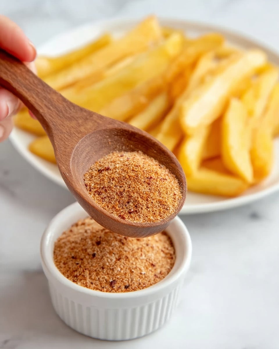 A close-up image shows a woman’s hand holding a wooden spoon filled with a light brown spice mix with small red and darker brown bits. Below the spoon, there is a white plate with thick golden-yellow fries arranged in the background, slightly out of focus. Next to the fries is a small white ramekin filled with the same spice mixture. The whole scene is set on a white marbled surface. Photo taken with an iphone --ar 4:5 --v 7