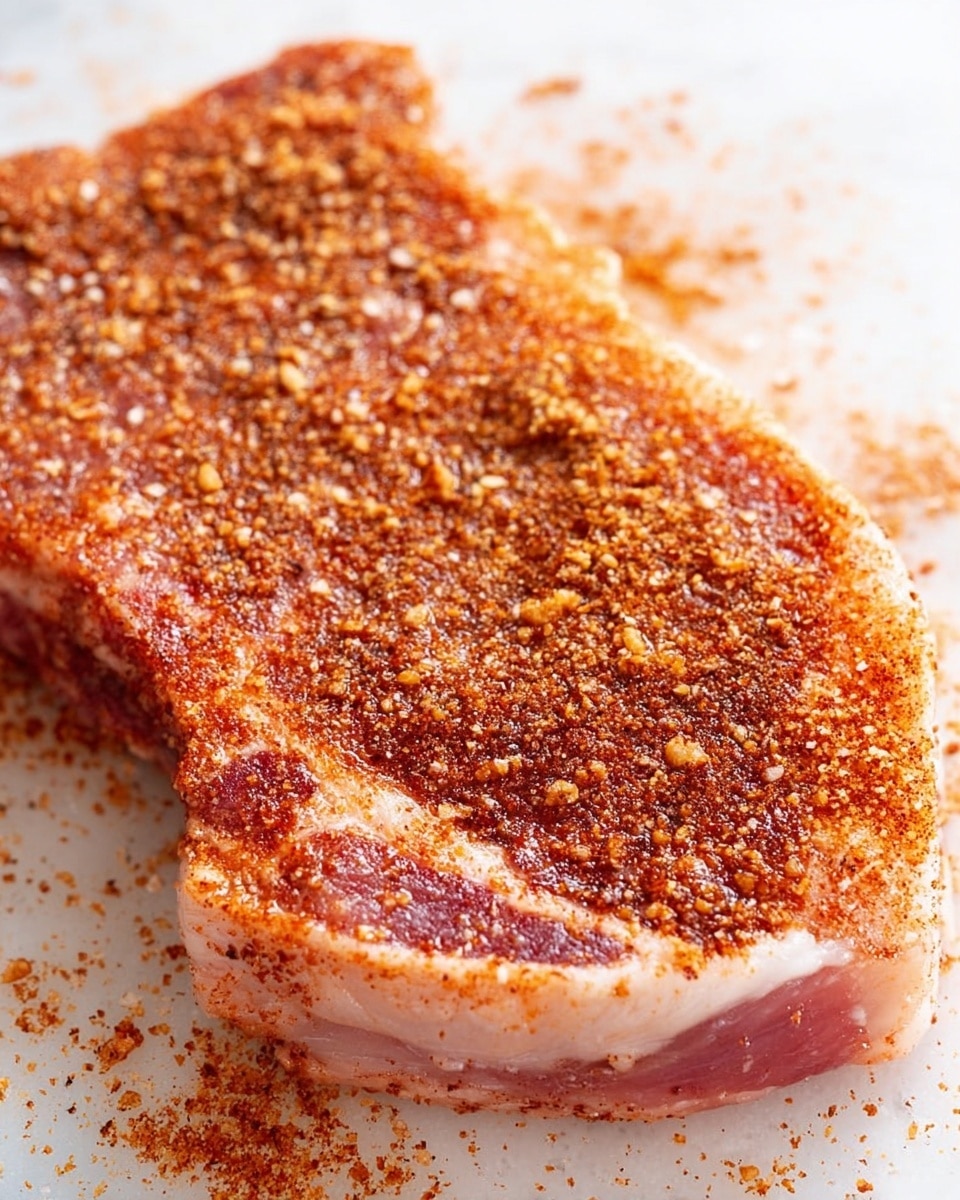 A close-up image of a raw pork chop lying flat on a white marbled surface, coated with a layer of reddish-brown spice rub that covers the entire top. The pork chop shows a light pink color underneath the seasoning, with some white fat visible along the edges. The spice rub has a textured look with granules of different sizes spread unevenly, some spilling onto the surrounding white marbled surface. Photo taken with an iphone --ar 4:5 --v 7