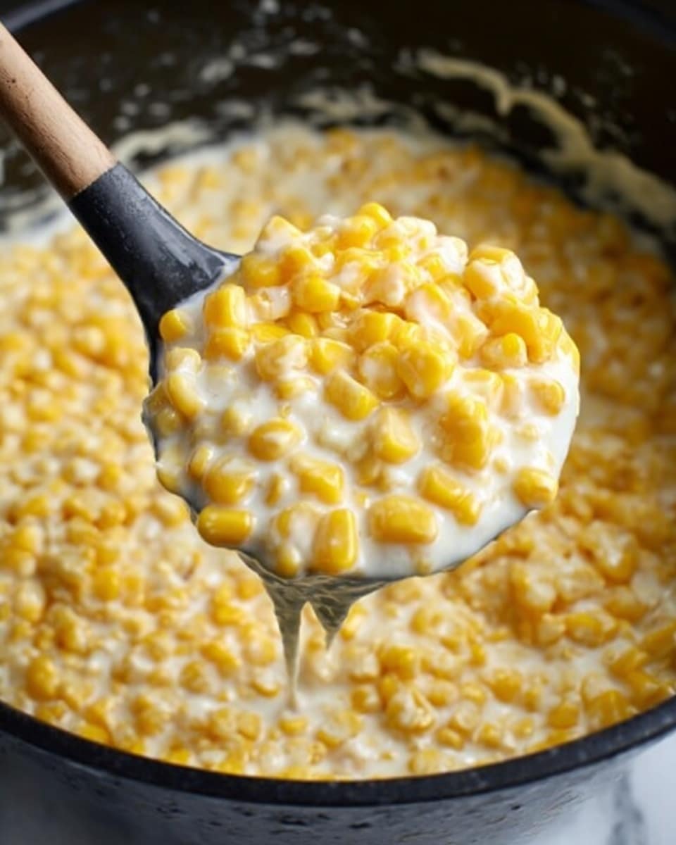 The image shows a close-up of creamy corn, with two main layers visible: the bright yellow corn kernels that look soft and shiny, and a thick white creamy sauce that coats the corn evenly. A black spoon scoops up a large portion of the corn mixture, lifting it up, with the creamy sauce dripping slightly between the kernels. The background is a black pot with some light reflections on the inside. The surface underneath is a white marbled texture. photo taken with an iphone --ar 4:5 --v 7