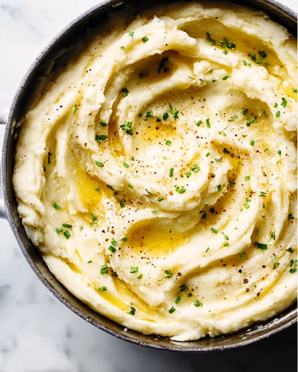 A close-up of a black pot filled with creamy mashed potatoes, showing soft swirls and peaks on the top layer. The mashed potatoes are light cream color with tiny bits of black pepper and small green herbs sprinkled evenly across the surface. A drizzle of melted butter adds a golden yellow gloss to certain areas, blending softly into the texture. The pot sits on a white marbled surface. photo taken with an iphone --ar 4:5 --v 7