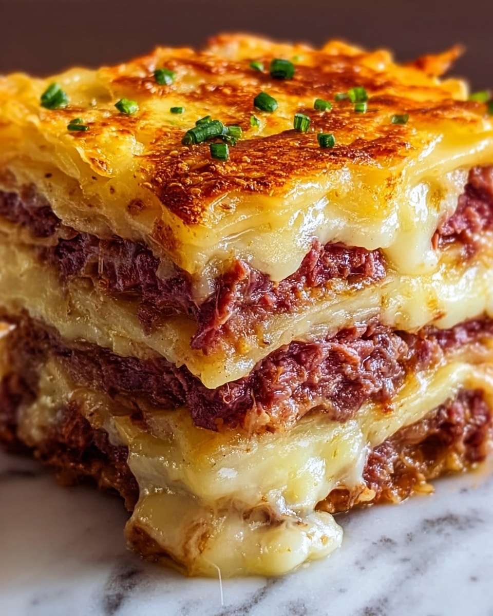 This image shows a close-up of a layered dish with four layers of melted, light golden cheese that looks soft and gooey. Between the cheese layers are three thick layers of rich, reddish-brown meat that looks tender and juicy. The top layer of cheese has a slightly browned, crispy texture, and there are small green pieces sprinkled on it. The dish is cut into a thick, square slice, placed on a white marbled surface. photo taken with an iphone --ar 4:5 --v 7