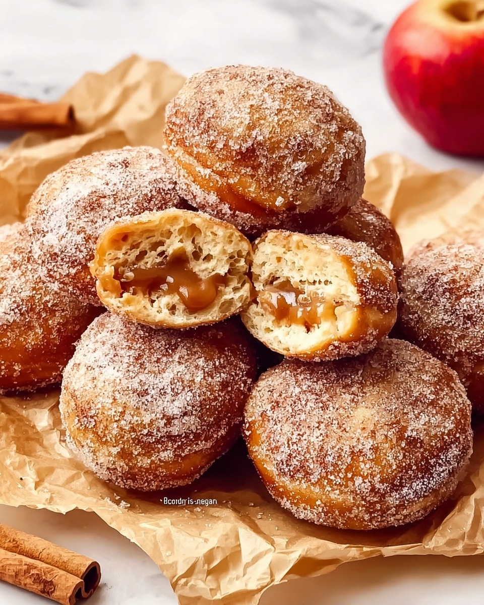 The image shows a pile of round, golden-brown doughnuts covered with a light dusting of powdered sugar. The doughnuts have a soft, slightly rough texture with a crispy outer layer. Two of the doughnuts are cut open, revealing a rich, gooey caramel filling inside with a smooth, glossy surface that contrasts with the fluffy, airy dough layers around it. The doughnuts rest on crumpled light brown parchment paper, placed on a white marbled surface. A cinnamon stick and a red apple are partially visible in the background, adding warm, cozy accents to the scene. Photo taken with an iphone --ar 4:5 --v 7