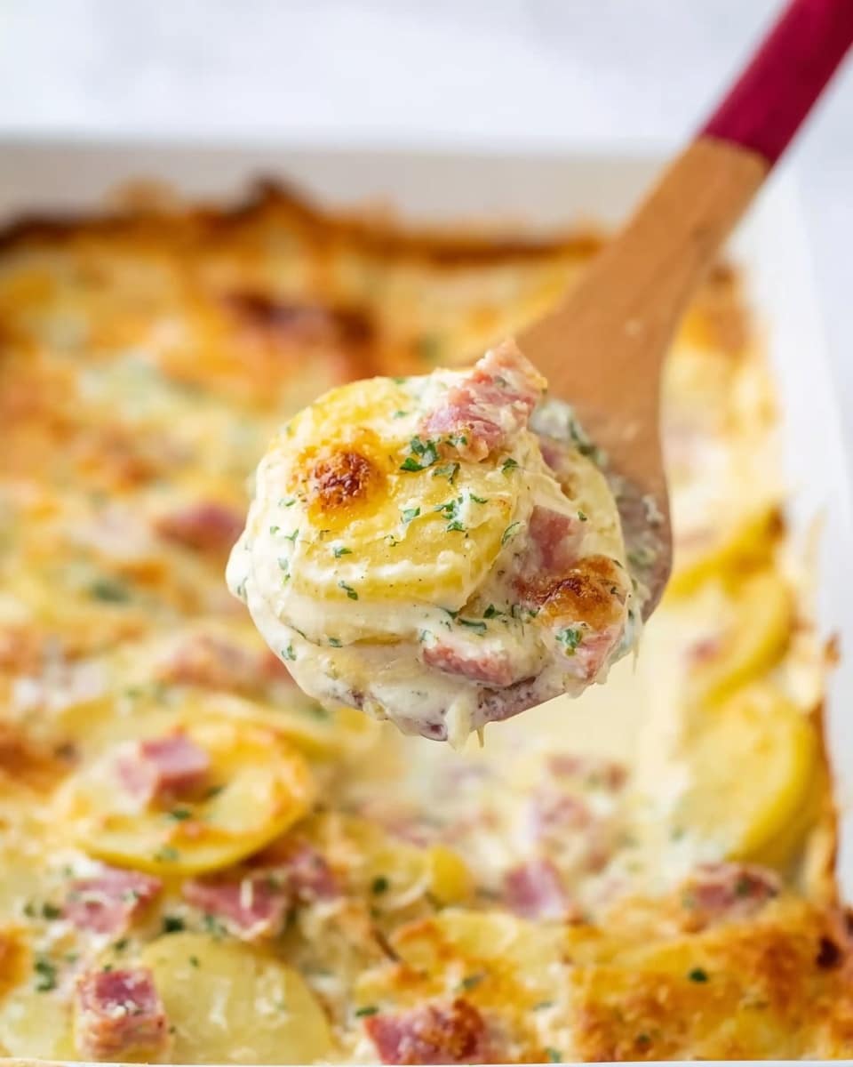 A close-up shows a wooden spoon with a red handle holding a scoop of creamy potato gratin. The dish has thin yellow potato slices layered with melted white cheese sauce and small pink pieces of ham, topped with green herbs. In the background, the white baking dish is filled with the same creamy potato layers, showing a golden-browned cheese crust on top, sitting on a white marbled surface. Woman's hand holds the spoon. photo taken with an iphone --ar 4:5 --v 7