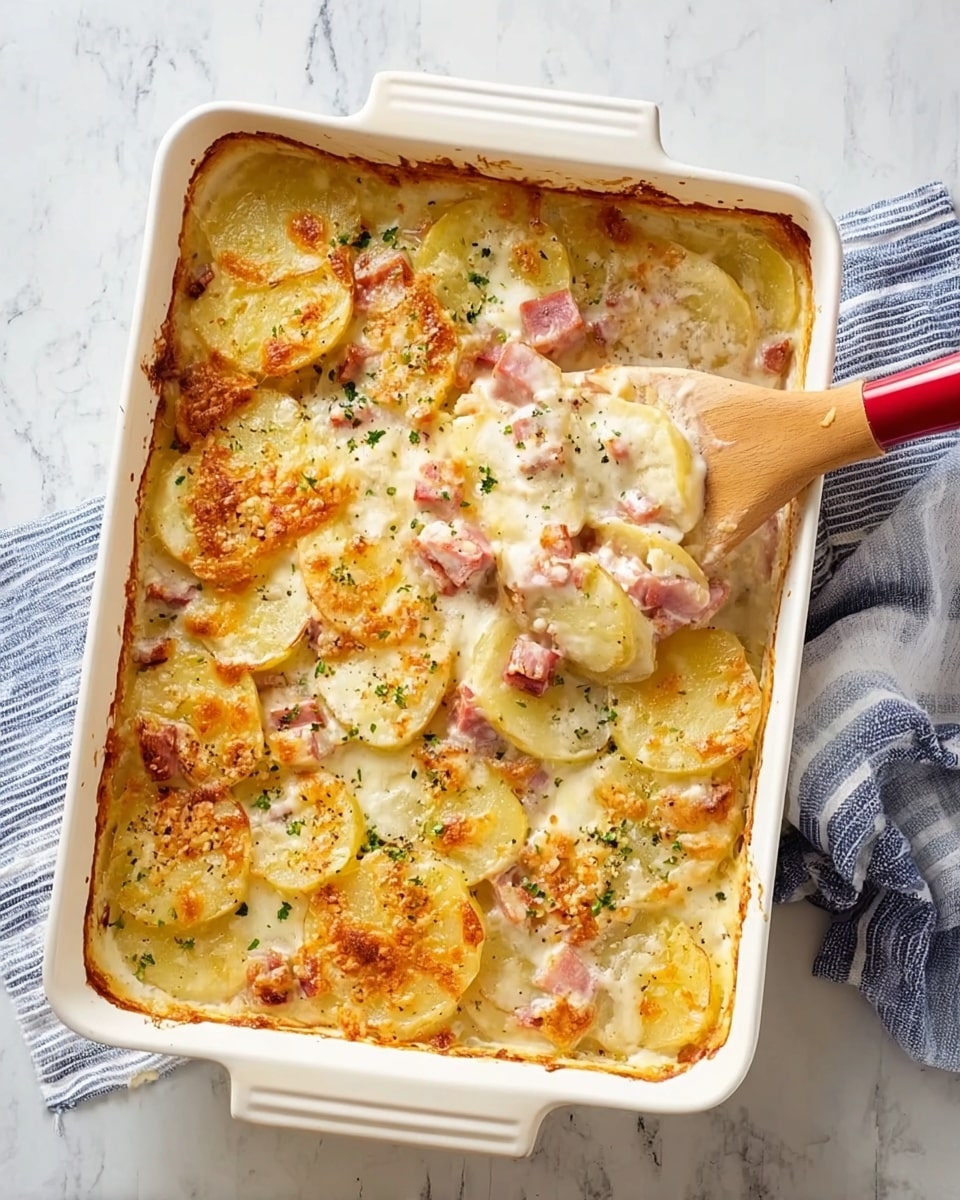 A white rectangular baking dish filled with creamy scalloped potatoes layered thickly, with thin round slices of golden-yellow potato stacked throughout. There are pieces of pink ham scattered across the dish, mixed with melted white cheese that has browned slightly on top and sprinkled with green herbs. A wooden spatula with a red handle is resting inside the dish, lifting some of the cheesy potato and ham mixture. The dish is placed on a white marbled textured surface with a striped blue and white cloth napkin nearby. Photo taken with an iphone --ar 4:5 --v 7