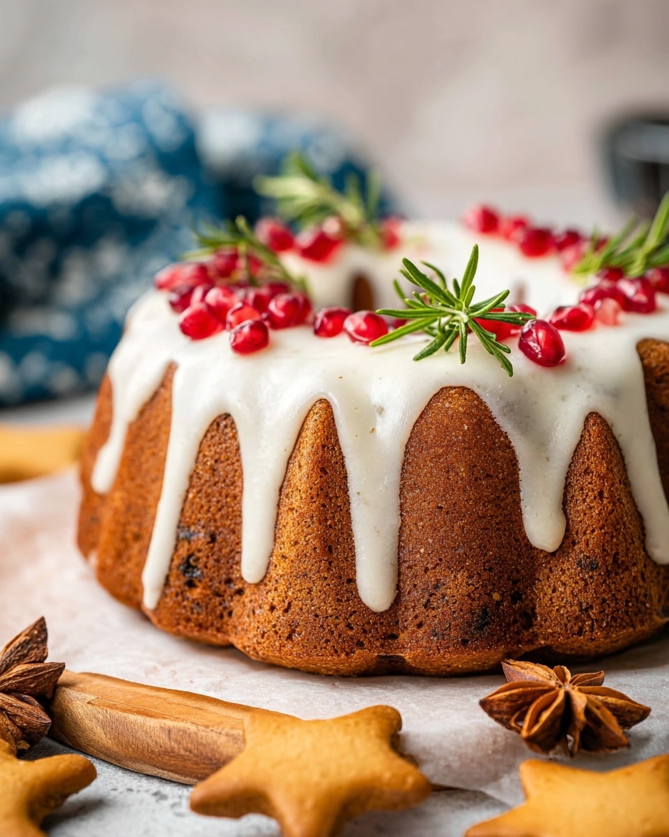 The image shows a round bundt cake with a brown, slightly textured surface, topped with white icing that drips unevenly down the sides in thick layers. The icing is decorated with small, glossy red pomegranate seeds and sprigs of fresh green rosemary spaced evenly around the top edge. The cake sits on white parchment paper placed on a wooden board, with a few star-shaped gingerbread cookies and star anise scattered around its base. The background features a soft blur of a white marbled texture and a blue patterned cloth. Photo taken with an iphone --ar 4:5 --v 7