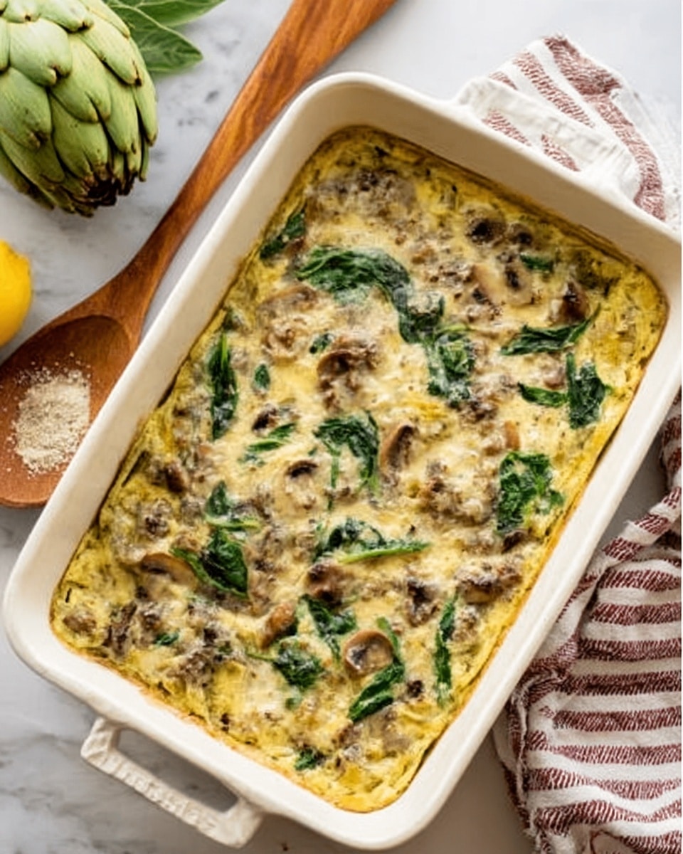 The image shows a white rectangular ceramic baking dish filled with a baked casserole that has a golden-brown and slightly crispy surface. The dish's top layer has visible green spinach leaves, cream-colored melted cheese, and bits of browned mushrooms, creating a textured look. The casserole appears thick with a layered mix of smooth melted cheese, soft cooked greens, and creamy egg-based filling all combined. The background is a white marbled surface with a fresh artichoke, a wooden spoon, and a striped cloth napkin near the dish. The lighting is natural and bright, highlighting the dish's warm and appetizing colors. Photo taken with an iphone --ar 4:5 --v 7