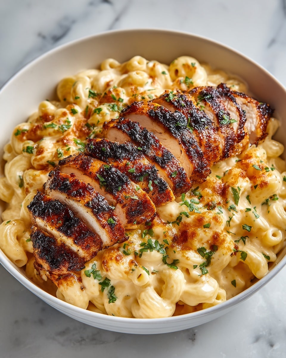 The dish shows a bowl with creamy, light beige macaroni and cheese as the base layer, featuring thick, swirled pasta with a smooth, rich sauce. On top, there is a sliced piece of grilled chicken breast with a dark, charred outer crust and a warm golden-brown inside. The chicken slices are arranged close together across the pasta, sprinkled with small pieces of fresh green herbs. The bowl is white, set on a white marbled surface. Photo taken with an iphone --ar 4:5 --v 7