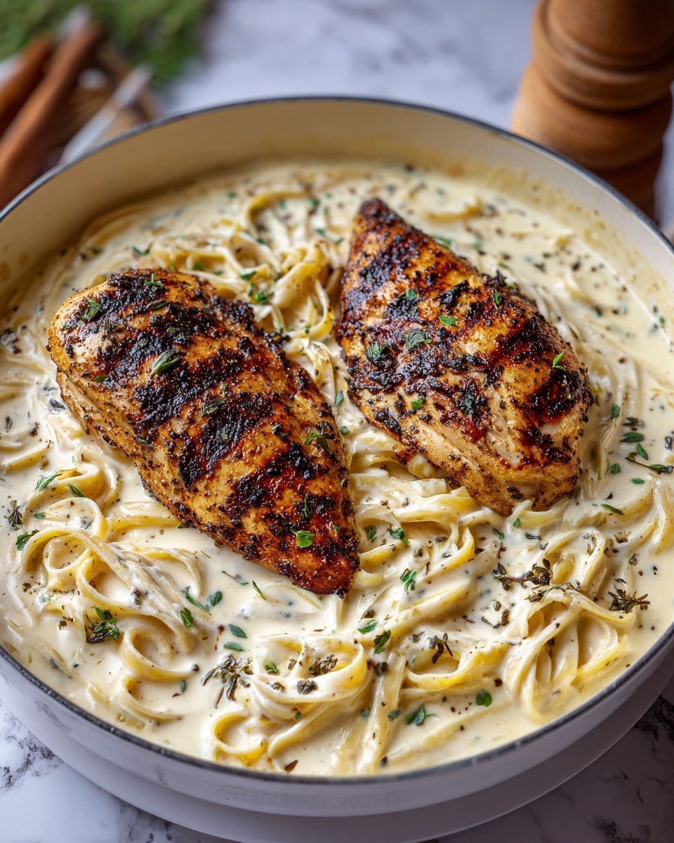 The image shows a white round pan with two large, dark grilled chicken breasts placed on top of a creamy white pasta layer. The pasta is thick and covered in a smooth white sauce, creating a rich base beneath the chicken. Small green herb pieces are sprinkled over both the chicken and pasta, adding a touch of color. The pan rests on a white marbled surface with blurred wooden and green elements in the background. photo taken with an iphone --ar 4:5 --v 7