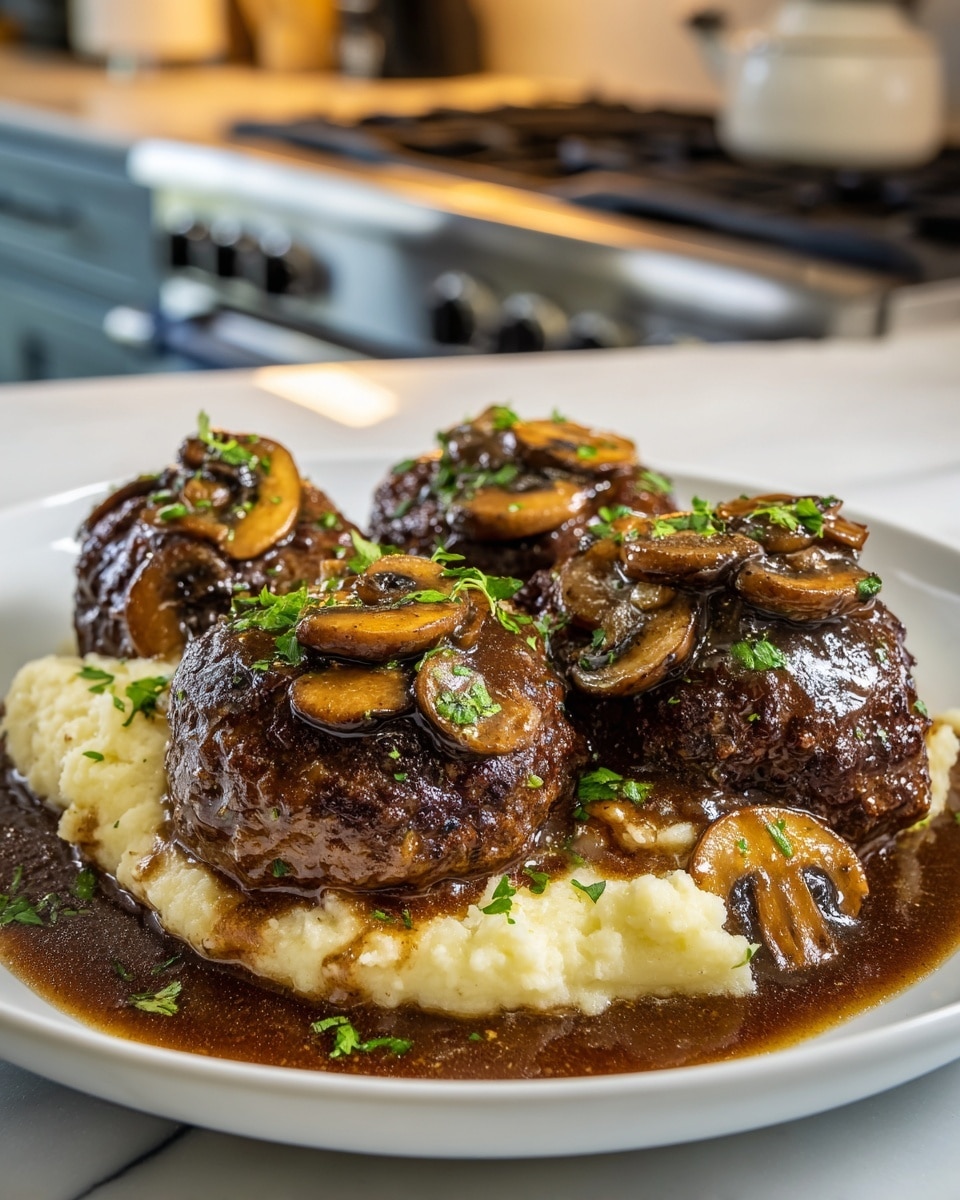 A white plate holds three thick, browned meat patties arranged close together, each topped with soft, sliced brown mushrooms coated in a glossy, dark brown gravy that pools around the patties and covers the plate base. Behind the patties is a light tan serving of creamy mashed potatoes, slightly textured. Fresh chopped green herbs are sprinkled on the mushrooms, gravy, and parts of the patties, adding a fresh green contrast. The plate sits on a white marbled surface with a blurry stove in the background, and the focus is sharp on the food, showing the juicy, well-cooked texture of the meat and shiny sauce. Photo taken with an iphone --ar 4:5 --v 7