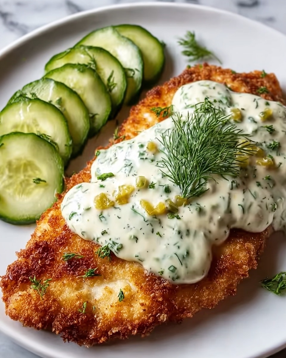 A crispy golden-brown fried fish fillet sits on a white plate adorned with a thick, creamy white sauce on top, speckled with green herbs and small yellow bits, garnished with a fresh sprig of dill. To the side, there are thin slices of vibrant green cucumber. The fish has a crunchy texture visible from its uneven browned surface, and the sauce looks rich and smooth with a herbal pattern. The background is a white marbled texture. photo taken with an iphone --ar 4:5 --v 7
