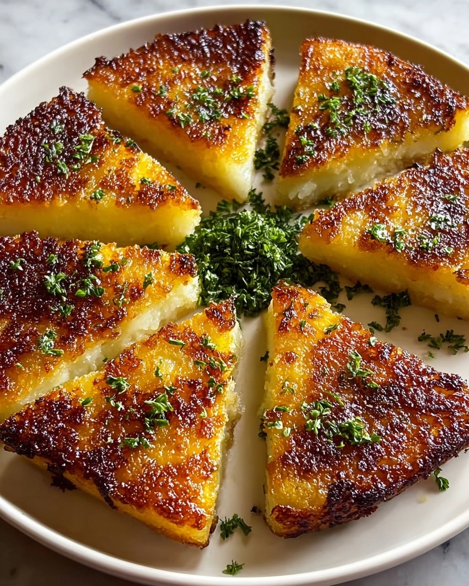 The dish shows a close-up of several square pieces of crispy fried food layered in a white plate. Each square has a golden-brown crust on top with a slightly rough texture and a softer, lighter yellow inside. The pieces are arranged in two overlapping layers. On top, there is a sprinkle of coarse white salt and small green herb flakes, which add color and texture contrast. A thin layer of shiny, golden liquid sauce pools at the bottom, reflecting light. The background surface is a white marbled texture. Photo taken with an iphone --ar 4:5 --v 7