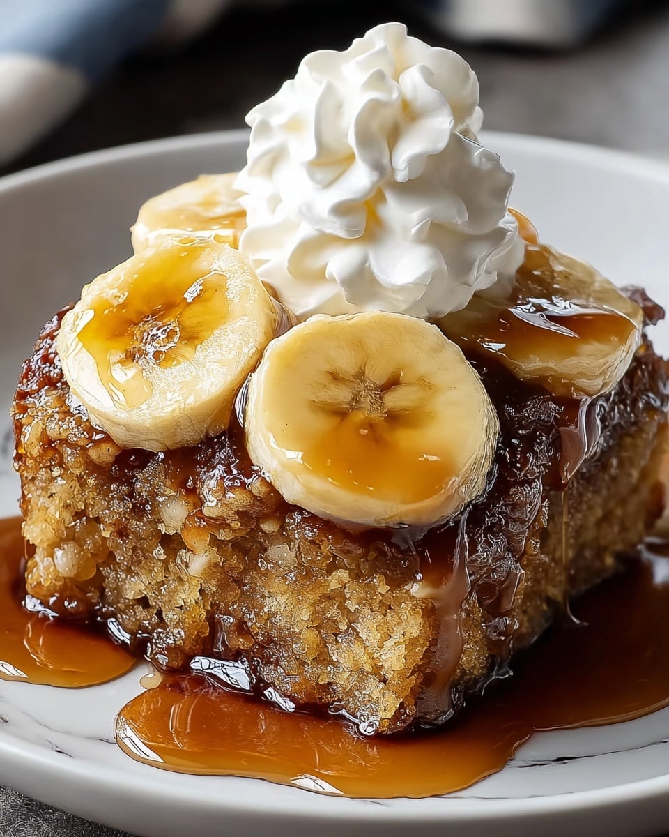 A single serving of a moist cake sits in the center of a white plate, soaked generously in a dark, shiny syrup that pools around its base. On top of the cake are three thick slices of banana, each with a smooth, glossy texture showing the soft, pale yellow fruit inside, slightly covered by the syrup. The cake itself has a crumbly yet dense texture with a light golden-brown color, contrasting with the rich, dark syrup cascading down its sides. The background is a white marbled texture, softly blurred to keep focus on the dessert. photo taken with an iphone --ar 4:5 --v 7