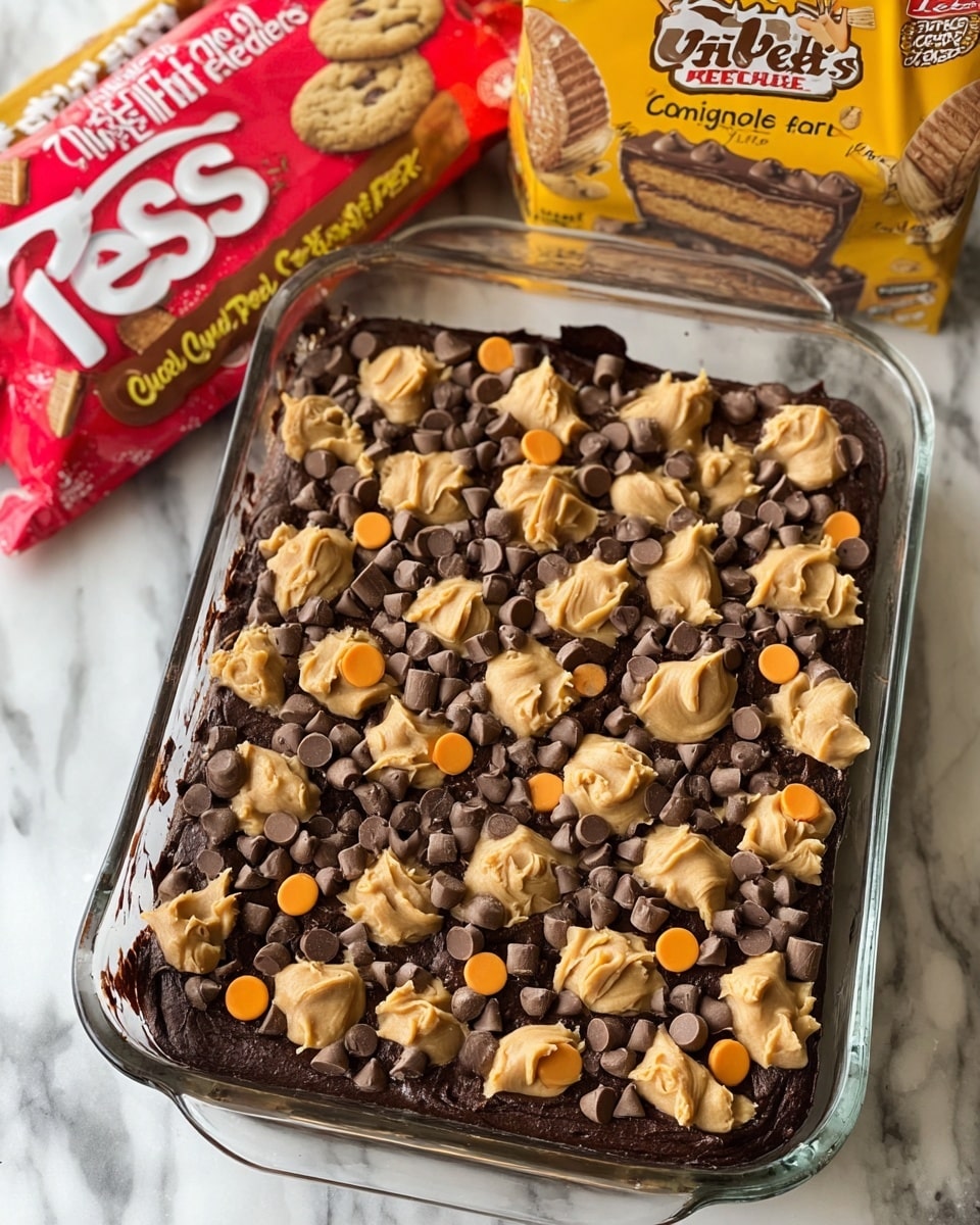 A clear rectangular glass baking dish filled with a thick, dark brown brownie layer that looks soft and slightly cracked on top. Scattered evenly across the surface are small, smooth milk chocolate peanut butter cups, some standing upright and some tilted, adding a light brown contrast. The dish sits on a white marbled textured surface, with a silver fork partly visible on the right side. The overall look is rich and dense, showing the chocolate chunks inside the brownie beneath the surface. Photo taken with an iphone --ar 4:5 --v 7