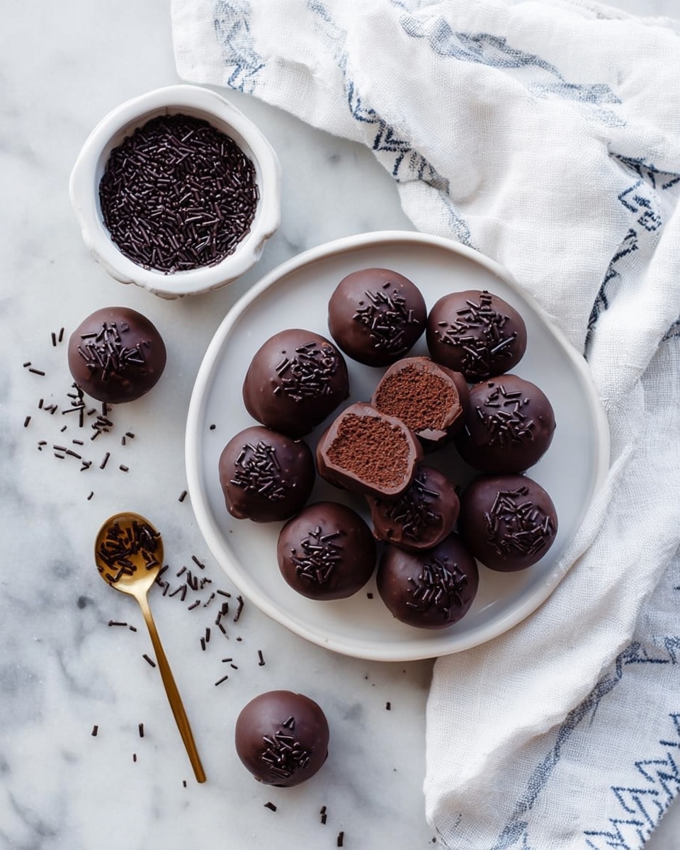 A white plate holding about fifteen round chocolate truffles covered smoothly in dark chocolate with scattered dark chocolate sprinkles on top, two truffles cut in half revealing a dark, dense chocolate interior, a few loose truffles arranged around the plate, beside the plate a small white bowl filled with dark chocolate sprinkles and a small golden spoon, a white cloth with blue zigzag stitching partly draped next to the plate, all set on a white marbled surface. photo taken with an iphone --ar 4:5 --v 7