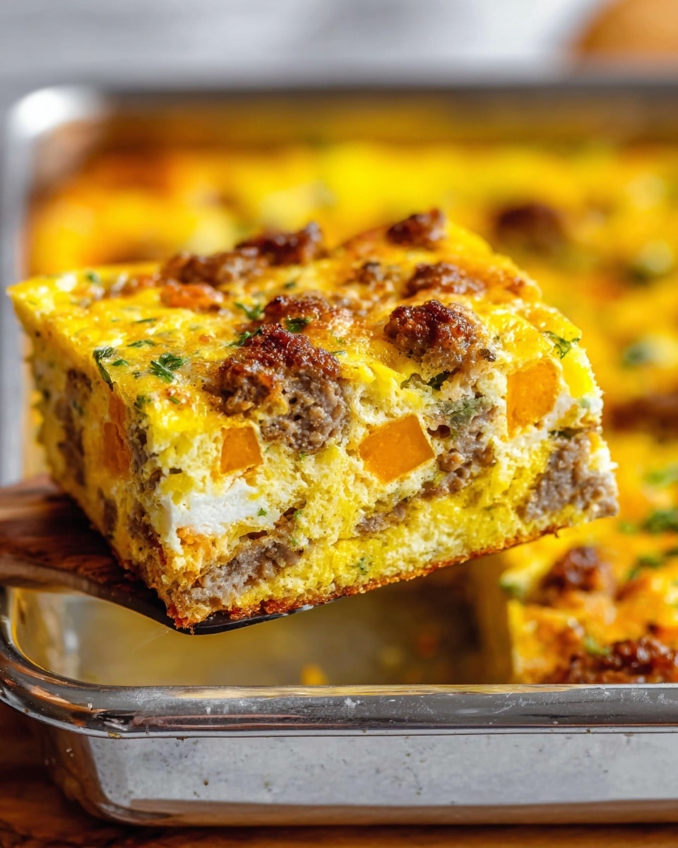 A rectangular baked casserole in a silver metal pan with a golden-brown top layer showing a crispy texture, scattered with bright orange chunks of sweet potato and small green herbs. The surface has a slightly uneven texture with areas of browned melted cheese and bits of cooked ground meat and melted egg throughout. The layers appear soft and moist underneath the golden crispy top, with specks of green vegetables and a creamy egg mixture binding it all together. The pan is set on a white marbled textured surface. photo taken with an iphone --ar 4:5 --v 7