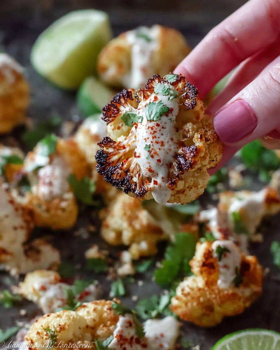 The image shows a close-up of a woman's hand holding a small, round cauliflower piece that is roasted to a golden brown with charred spots. The cauliflower is topped with a creamy white sauce and sprinkled with red seasoning and green herbs. Below and around the piece, there are more roasted cauliflower florets scattered on a dark surface with fresh green herb garnishes and lime wedges partially visible. The background is softly blurred, focusing on the cauliflower held in the woman's hand. Photo taken with an iphone --ar 4:5 --v 7