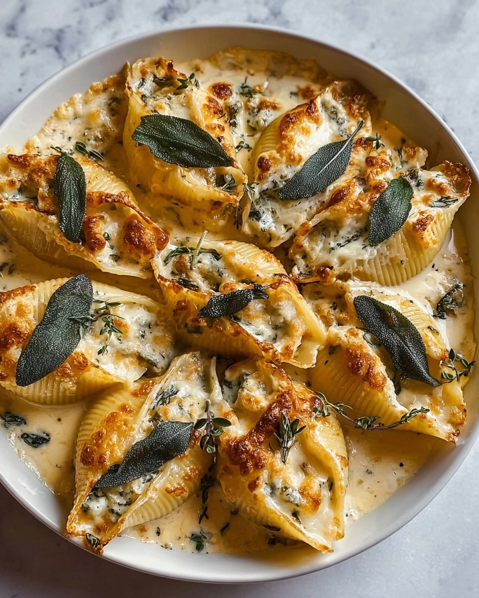 A white round plate sits on a white marbled surface filled with baked pasta shells stuffed with a creamy, cheesy filling. The pasta shells are golden brown on top, with a slightly crispy texture, and are covered in a rich, melted cheese sauce that fills the gaps between the shells. Dark green sage leaves are placed on top of each shell, adding a fresh contrast in color. The sauce appears thick and creamy with small specks of herbs throughout, making the dish look warm and inviting. photo taken with an iphone --ar 4:5 --v 7
