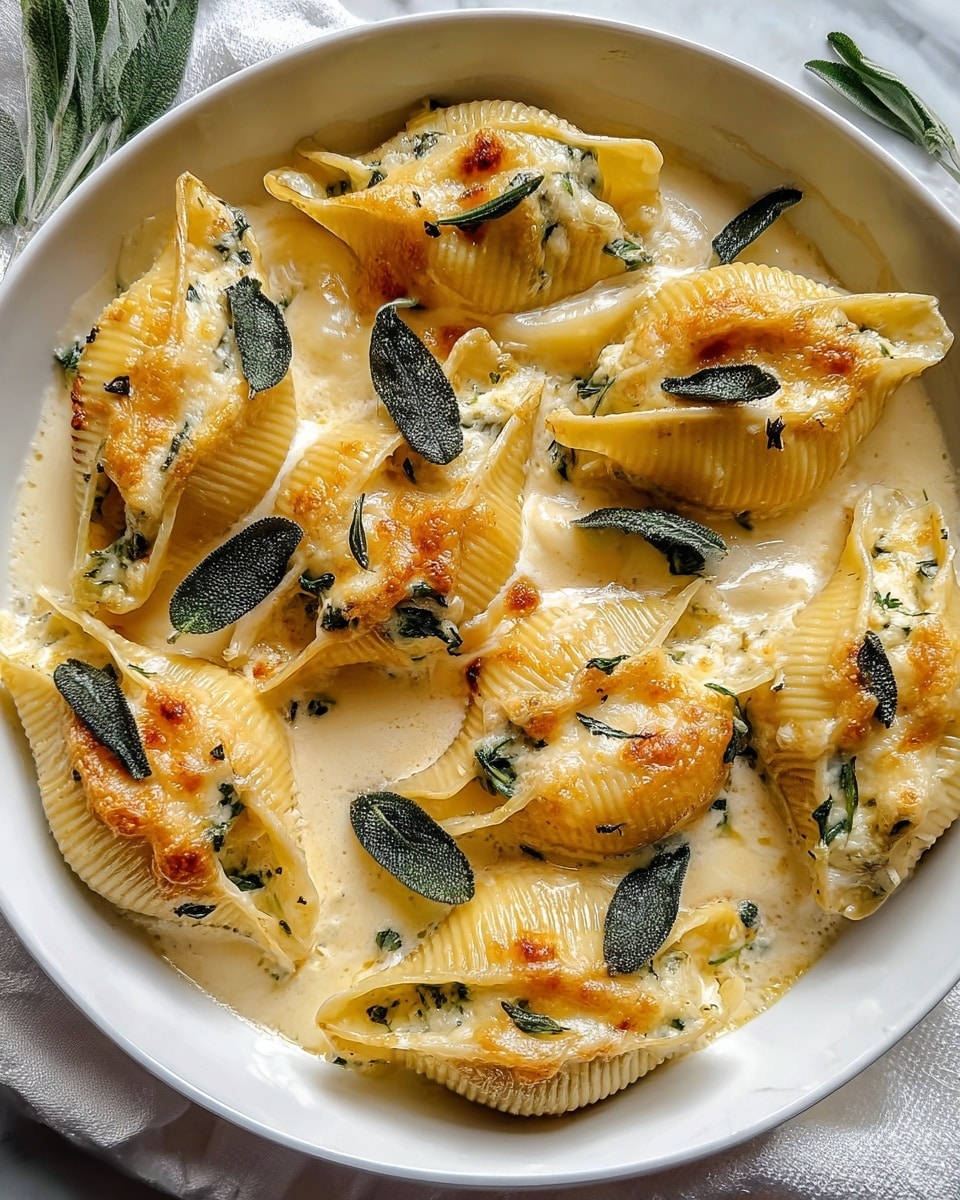 A white round dish shows large pasta shells arranged in a circle, their creamy filling covered with melted cheese that is golden brown on top and bubbly in texture. The shells sit in a light cream sauce that pools slightly at the bottom. Scattered on the pasta and sauce are fresh dark green sage leaves that add contrast to the pale colors. The dish rests on a white marbled surface with a hint of a white cloth visible on the side. Photo taken with an iphone --ar 4:5 --v 7