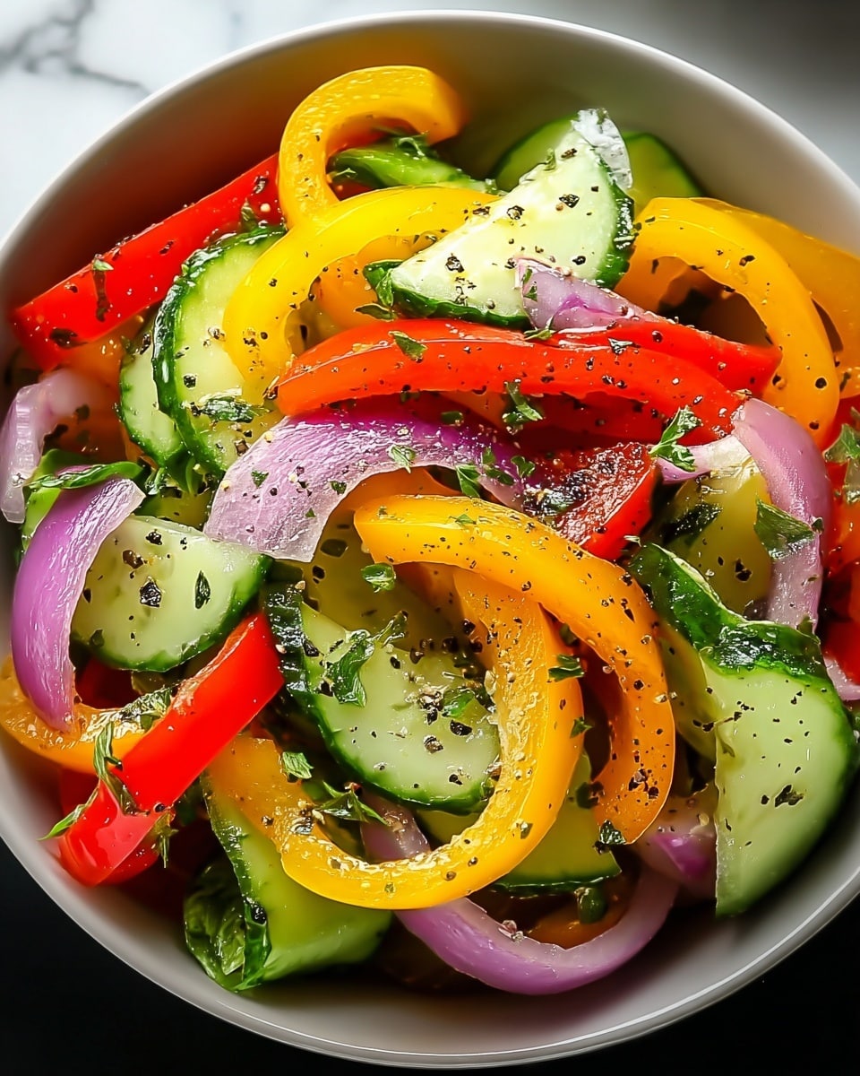 A colorful salad in a white bowl filled with thin rings of red and yellow bell peppers, bright green cucumber slices with wavy edges, and purple onion rings scattered throughout. The vegetables are fresh and shiny, sprinkled with small black pepper specks and bits of green herbs. The bowl sits on a surface with a white marbled texture, making the colors pop vividly. photo taken with an iphone --ar 4:5 --v 7