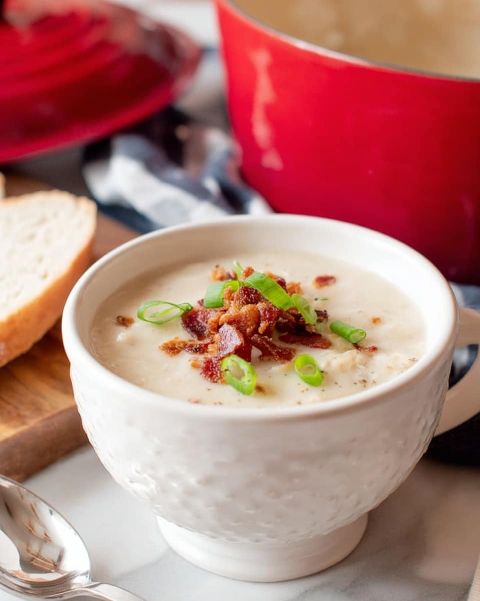A white textured bowl filled with creamy soup, light beige in color with small visible chunks inside, topped with a garnish of green onion slices and crispy brown bacon bits centered on top. The bowl sits next to a silver spoon, a slice of white bread on a wooden board to the left, and a large red pot blurred in the background on a white marbled surface. photo taken with an iphone --ar 4:5 --v 7
