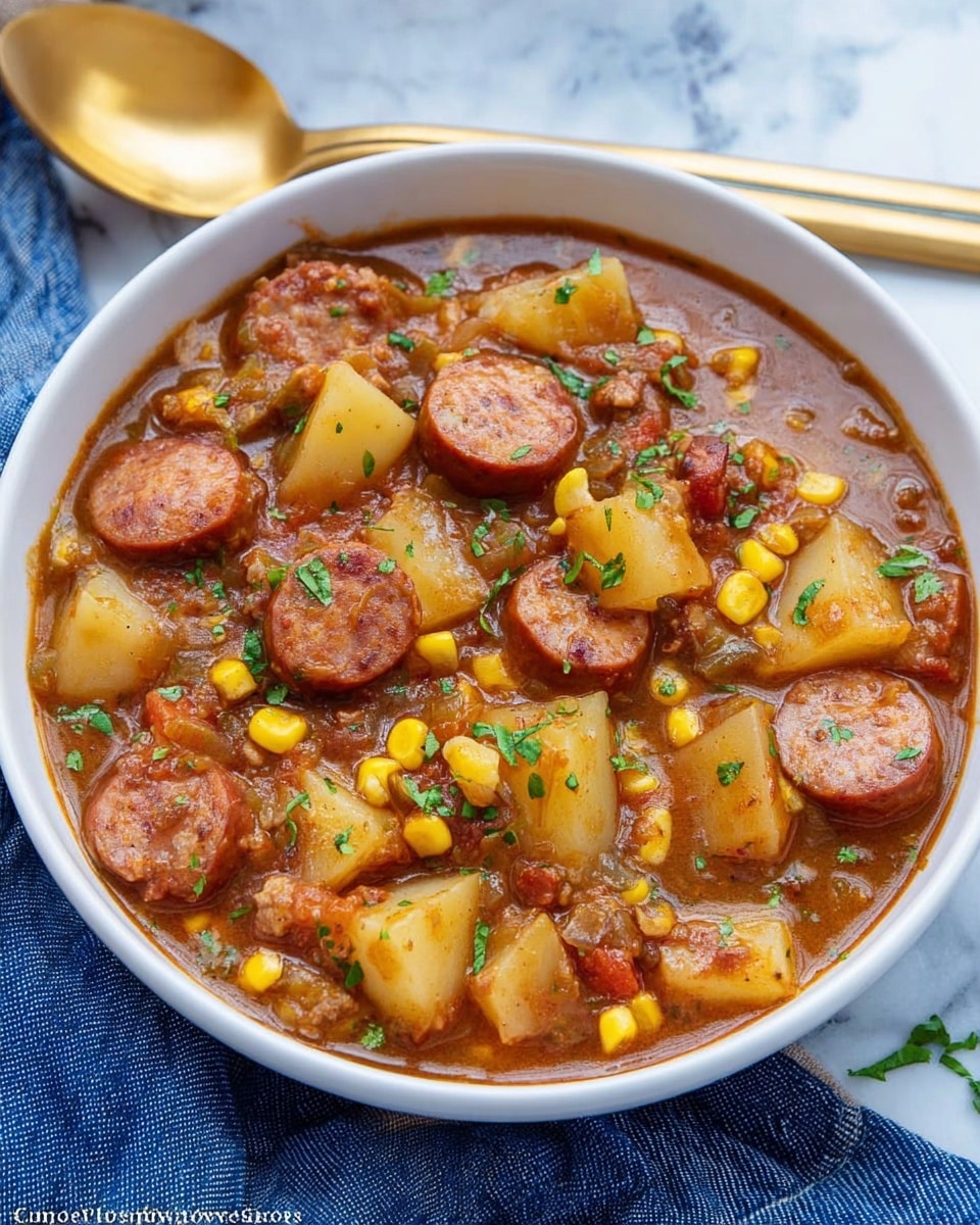 A close-up view of a hearty stew served in a white bowl, showing thick slices of reddish-brown sausage and large chunks of pale yellow potatoes mixed in a rich, brownish-orange sauce. Bright yellow corn kernels and bits of cooked ground meat add depth, while small green herb flakes are sprinkled on top, giving a fresh contrast. The texture looks thick and gooey, with the sausages and potatoes clearly visible in the hearty sauce. The background is a white marbled texture. photo taken with an iphone --ar 4:5 --v 7