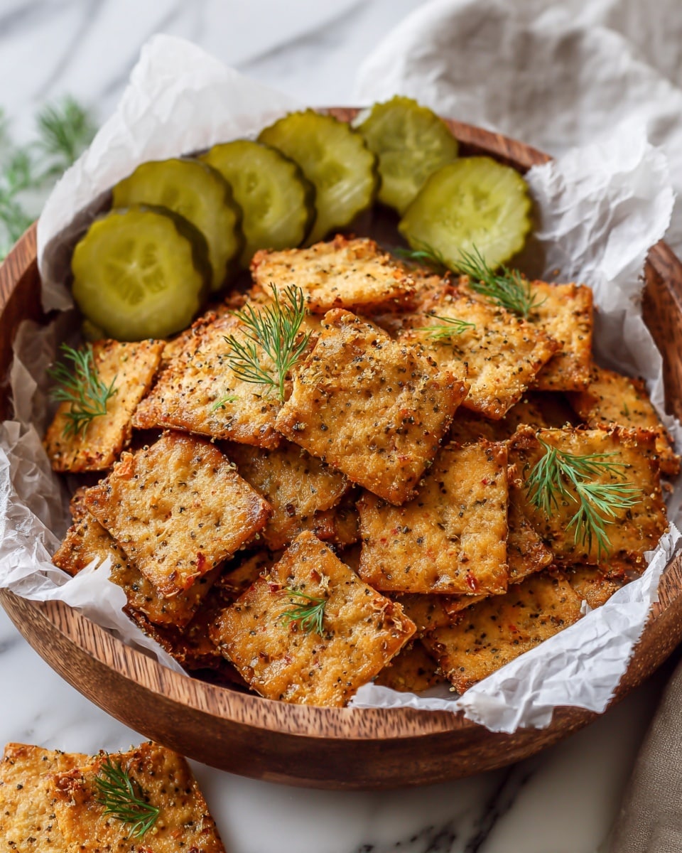 A wooden bowl lined with crumpled parchment paper holds a pile of golden-brown, square crackers speckled with herbs and spices, giving them a textured look with visible flecks of red and green. On top, small sprigs of fresh dill add a bright green contrast. At the back edge of the bowl, several round, glossy slices of green pickles are neatly arranged, some garnished with dill as well. Outside the bowl, on the white marbled surface, a single cracker and a few more pickle slices are placed casually. Photo taken with an iphone --ar 4:5 --v 7