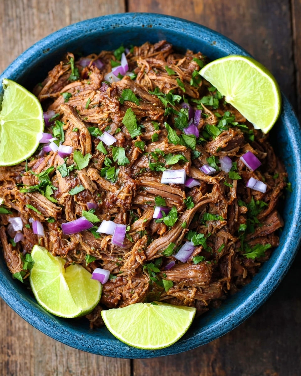 The image shows a close-up of a blue bowl filled with shredded brown meat that looks tender and juicy. The meat is topped with small pieces of chopped fresh green herbs and diced purple onions scattered evenly on top. Around the edges of the bowl, there are four bright green lime wedges placed at roughly equal distances. The bowl is sitting on a rustic wooden surface. photo taken with an iphone --ar 4:5 --v 7