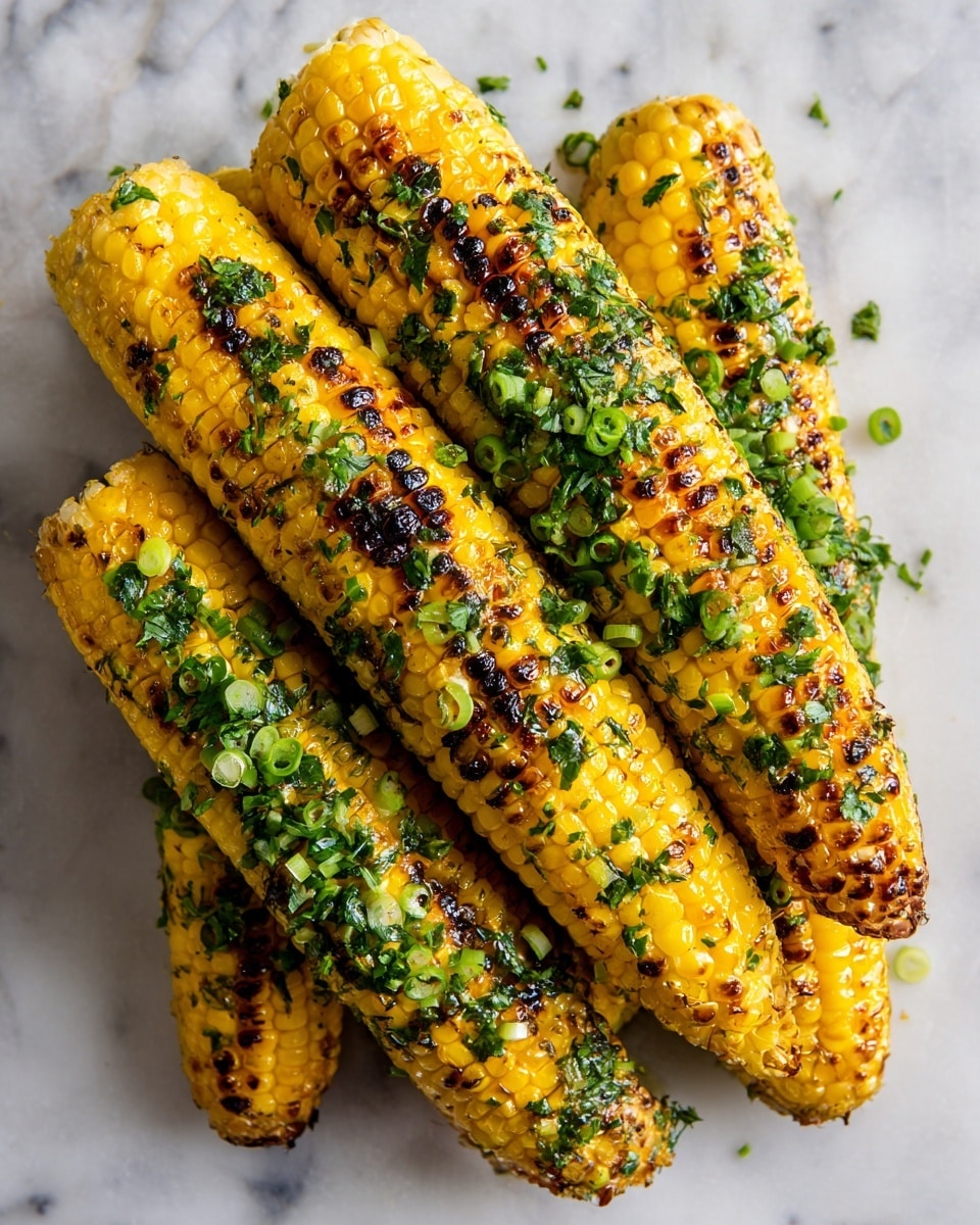 The image shows five grilled corn cobs piled together, each with charred, golden-yellow kernels that have black grill marks scattered unevenly. The corn is topped with a layer of finely chopped green herbs and thinly sliced green onions, adding a fresh, bright green color. The texture of the kernels looks juicy and slightly crisp from grilling. The corn rests directly on a white marbled surface without any plate. The lighting highlights the shine on the grilled corn and the fresh green garnish. Photo taken with an iphone --ar 4:5 --v 7