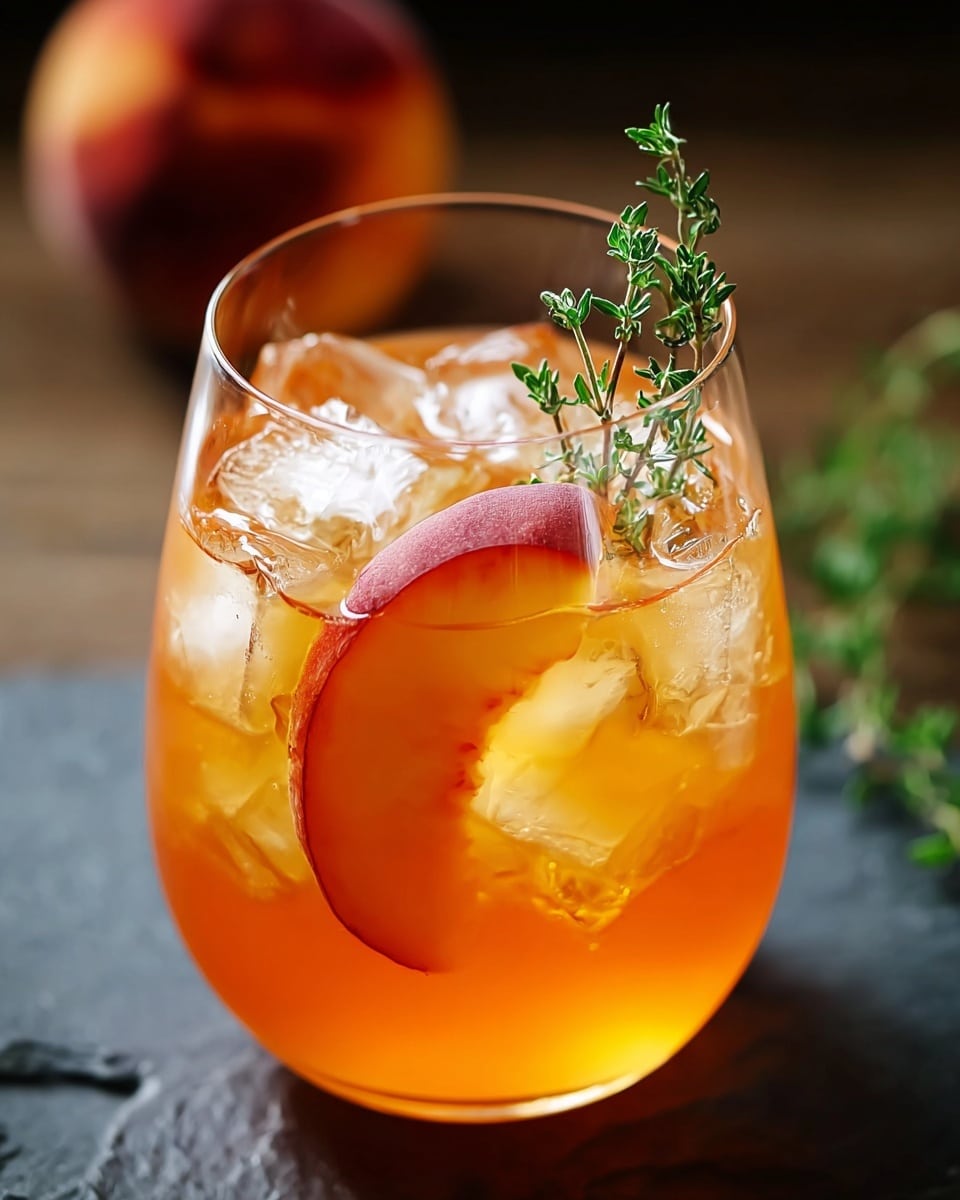 A tall, clear glass filled with a layered iced drink stands on a small white plate with a textured design. The drink has a light amber color with ice cubes floating on top, and a frothy layer near the rim with tiny bubbles. A few small green mint leaves and a thin wedge of fruit sit on the ice, adding a fresh and colorful detail. The background shows a blurred white marbled surface and parts of another glass and garnishes. A woman's hand is gently holding the glass. Photo taken with an iphone --ar 4:5 --v 7