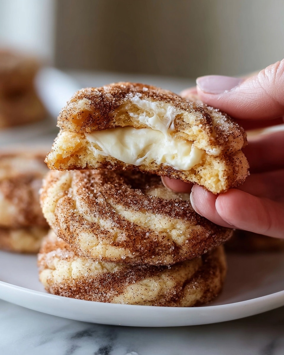 The image shows a close-up of soft cinnamon sugar cookies on a white plate, placed on a white marbled surface. The cookies have a golden brown color with a generous coating of cinnamon and sugar crystals on top, giving a slightly rough texture. There are two visible layers in each cookie: the outer dough is light and fluffy with a golden color, while the inside reveals a creamy, white filling that looks smooth and melted. One cookie is stacked on top of another, and the top cookie has a bite taken out of it, exposing the creamy center clearly. The background is softly blurred to keep focus on the cookies. photo taken with an iphone --ar 4:5 --v 7