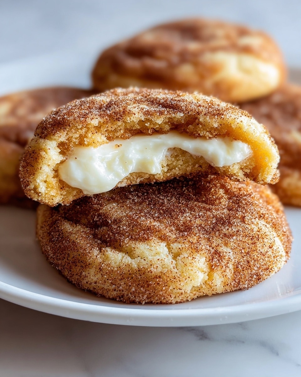 The image shows a close-up of a stack of cinnamon sugar cookies with soft, textured dough covered in a layer of cinnamon and sugar crystals. The bottom cookie is thick and slightly golden with swirls of cinnamon sugar, while the cookie on top is broken in half, revealing a creamy, smooth, white filling that contrasts with the brown cinnamon layers. A woman's hand is gently holding the broken cookie piece, highlighting the soft and gooey inside. The cookies are on a white plate, placed on a white marbled surface. The background is blurred to keep focus on the cookies. photo taken with an iphone --ar 4:5 --v 7