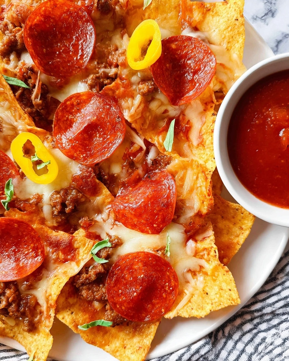 The image shows a white plate filled with layered pizza nachos resting on a white marbled surface. The bottom layer consists of crispy golden-brown tortilla chips topped with melted white mozzarella cheese, sprinkled with small bits of browned ground sausage, and bright red pepperoni slices. There are also bright yellow pepper rings scattered across the chips, adding contrast. In the center of the plate, there is a small white bowl filled with thick, vibrant red marinara sauce. A single chip, loaded with pepperoni, sausage, and cheese, is being dipped into the sauce by a woman's hand, showing melted cheese stretching into the sauce. photo taken with an iphone --ar 4:5 --v 7
