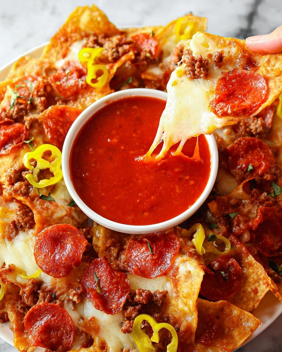 The image shows a close-up of crispy nachos arranged in layers on a white plate, placed on a white marbled surface with a striped cloth underneath. The base layer consists of golden, crunchy tortilla chips with a slightly bubbled texture, topped with melted white cheese. Scattered on top are small chunks of browned ground meat, adding a rich texture. Slices of bright red pepperoni sit prominently on the chips, with a few pieces of yellow pepper rings resting casually over the top. Small green herb leaves are sprinkled lightly for a touch of color. To the right, a white bowl filled with thick red salsa is partially visible. photo taken with an iphone --ar 4:5 --v 7