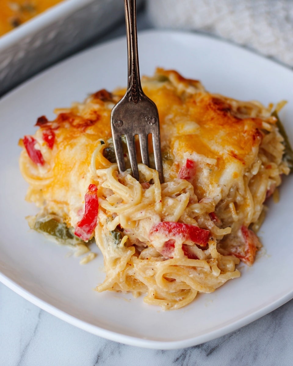 A close-up of a creamy baked pasta dish served on a white square plate resting on a white marbled textured surface. The dish has at least three visible layers: a base of soft spaghetti noodles twisted and tangled, a middle layer with a mix of melted cheese that is golden-yellow and slightly browned on the edges, and pieces of diced red and green peppers scattered throughout adding pops of bright color. An antique fork is piercing the pasta from the top, with the tines slightly sunk into the cheesy, saucy layers. The overall texture looks creamy and gooey with some baked, crispy parts on the edges. Photo taken with an iphone --ar 4:5 --v 7