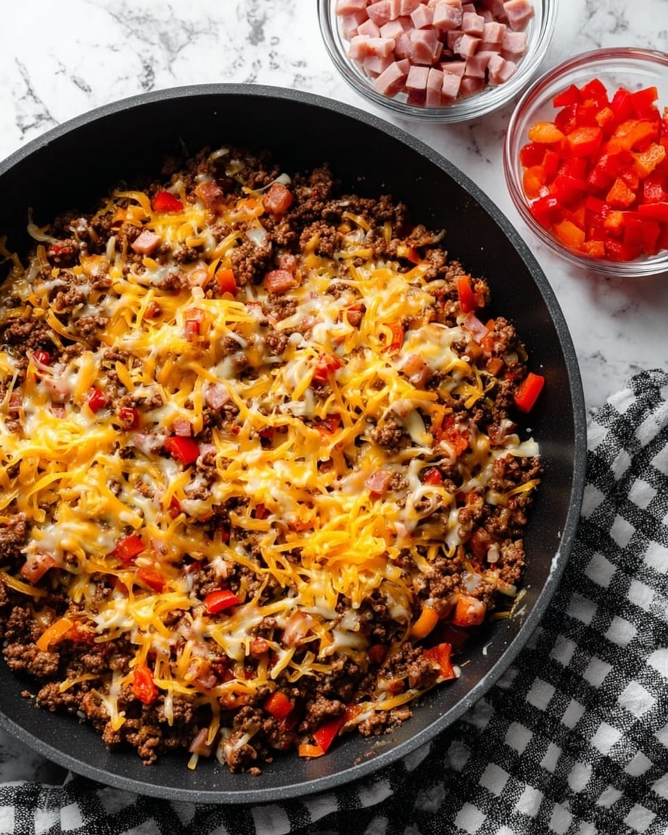 A close-up view of a cooked mixture in a white pan, showing shredded hash browns and melted cheddar cheese combined with small pieces of browned sausage and diced red bell peppers, all mixed evenly, with a wooden spoon scooping a portion from the pan. The textures show crispy edges and tender soft parts, with bits of black pepper sprinkled across the surface. The colors range from the golden yellow cheese to the light brown sausage and the bright red pepper pieces, creating a warm and inviting look. Photo taken with an iphone --ar 4:5 --v 7
