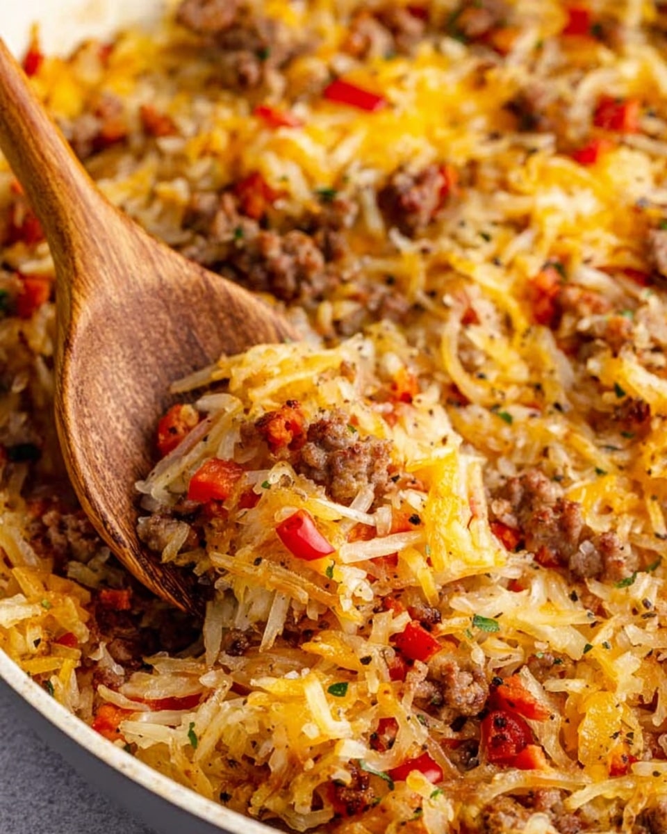 A black skillet filled with cooked ground beef mixed with shredded yellow and white cheese melted on top, along with small pieces of red bell pepper and finely chopped onions visible throughout; beside the skillet, two small clear glass bowls hold diced red bell peppers and cubed ham, all placed on a white marbled surface with a black-and-white checkered cloth partially under the skillet. Photo taken with an iphone --ar 4:5 --v 7