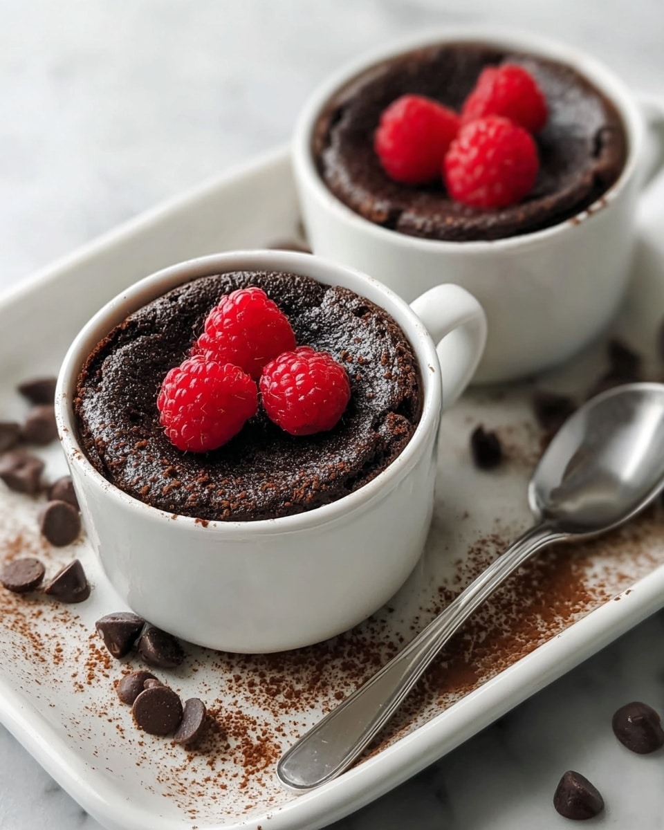 Two white cups each hold a single serving of dark brown chocolate cake with a textured, slightly cracked top. Each cake is topped with three bright red raspberries placed at the center, adding a fresh and vibrant contrast. Around the cups on the tray are scattered chocolate chips and cocoa powder dust, enhancing the scene with rich brown tones. A shiny metal spoon rests next to one cup on the tray, which has a soft light brown color, all sitting on a white marbled surface. photo taken with an iphone --ar 4:5 --v 7