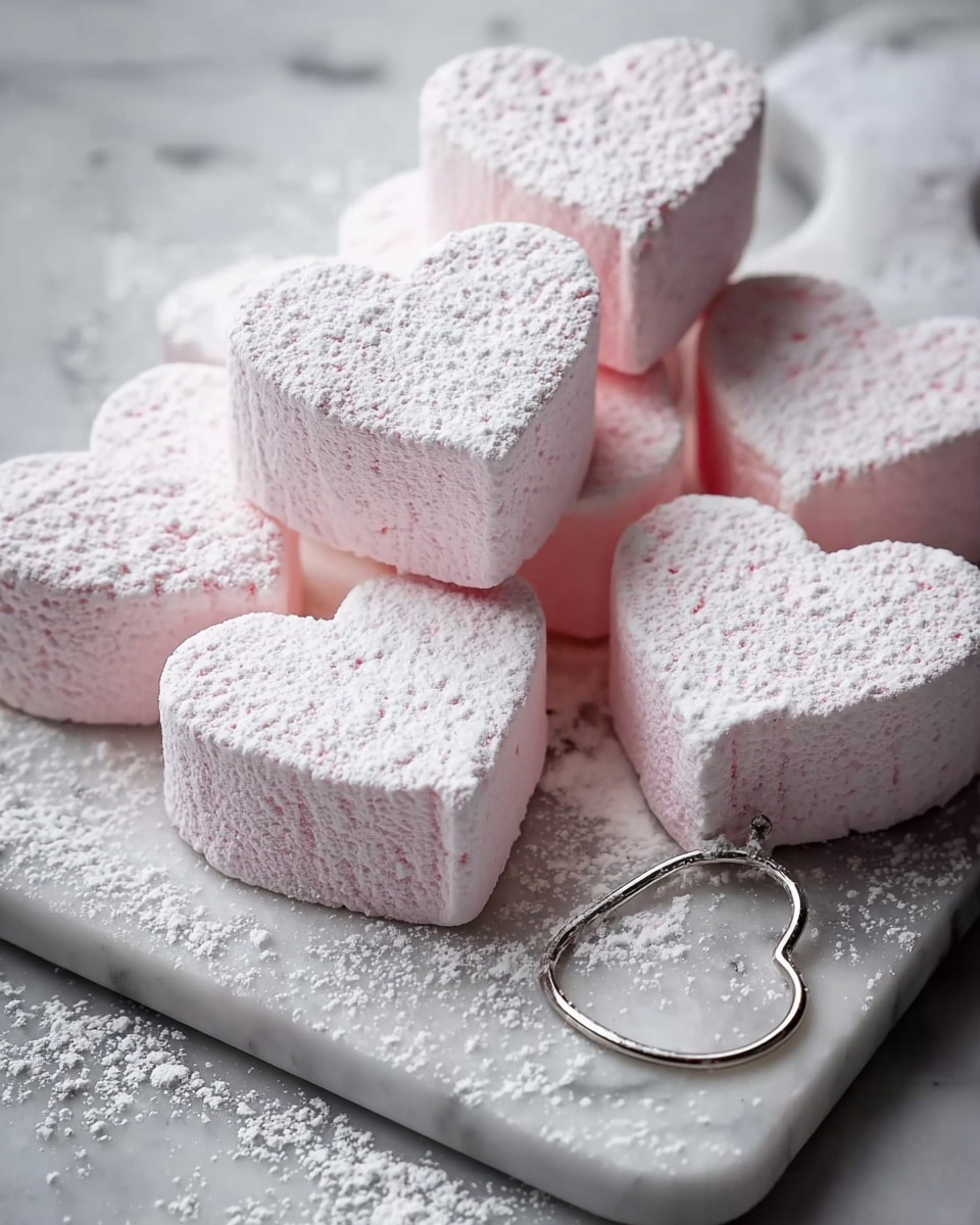 The image shows several light pink heart-shaped marshmallows dusted with a fine layer of white powdered sugar, arranged closely together on a white marbled board. The marshmallows have a soft, fluffy texture with a slightly uneven surface, and they are stacked in two layers, some leaning against each other. Powdered sugar is scattered around the board, creating a delicate, snowy effect. A silver ring-shaped object with a thin handle is placed near the bottom right corner of the board. The background is a white marbled surface. photo taken with an iphone --ar 4:5 --v 7