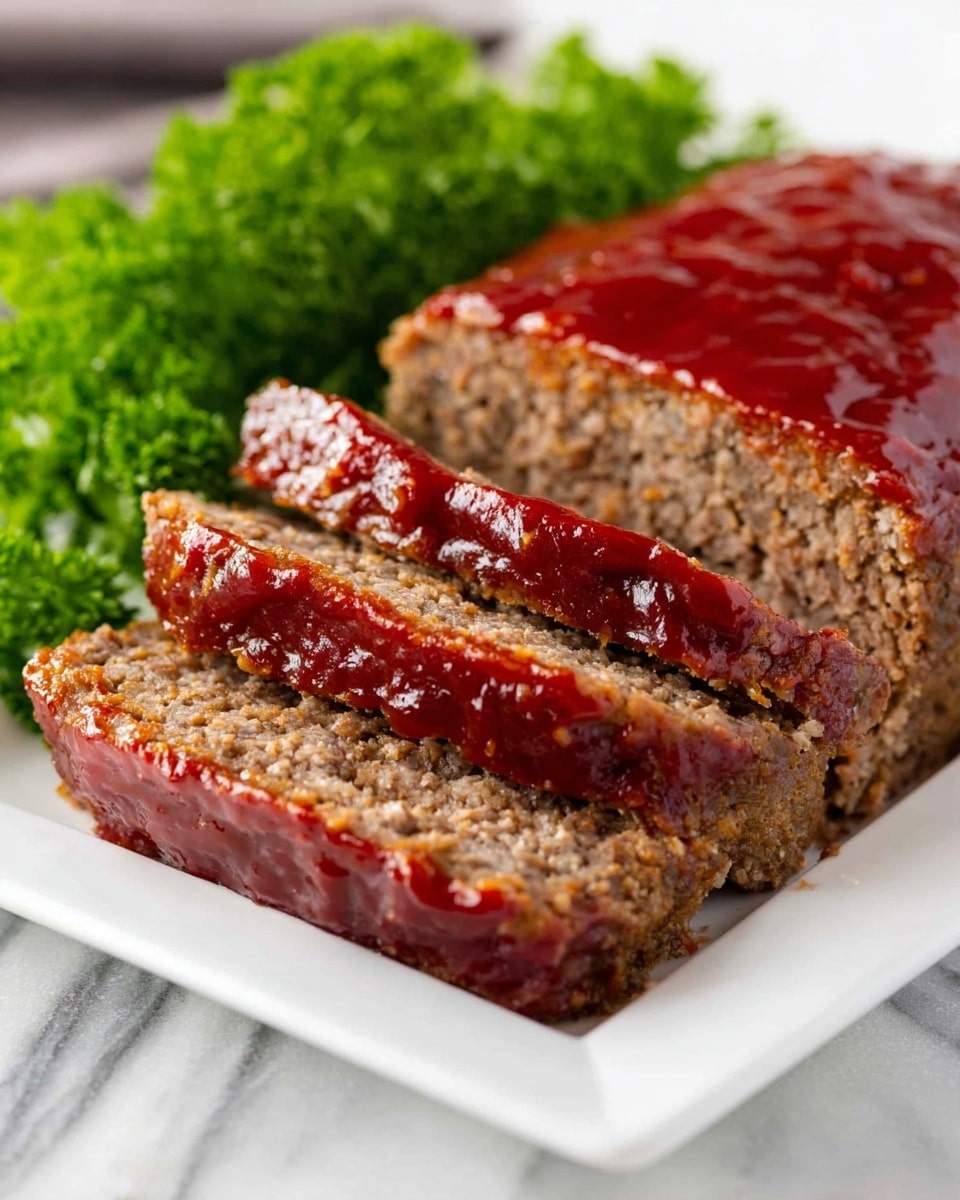 The image shows a sliced meatloaf on a white rectangular plate, placed on a white marbled surface. The meatloaf has three visible layers: the top layer is a thick, shiny, red-brown glaze that looks sticky and moist, covering the entire top surface; the middle layer is the dense, finely ground brown meat with a slightly crumbly texture, making up most of the loaf; the bottom layer is just a thin brown crust from cooking. Behind the meatloaf, there is a bunch of bright green leafy parsley adding fresh color contrast. Photo taken with an iphone --ar 4:5 --v 7