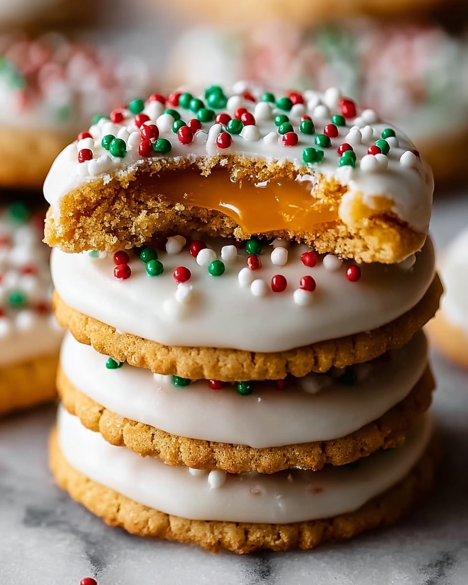 A stack of four round cookies with light golden edges is shown, each topped with a smooth, glossy white icing layer. The icing is decorated with small, round, red, green, and white sprinkles that add a festive look. The top cookie has a bite taken out of it, revealing a soft, gooey, bright orange filling inside that contrasts with the crumbly cookie. The cookies are arranged on a white marbled surface with a shallow depth of field that focuses closely on the textures. photo taken with an iphone --ar 4:5 --v 7