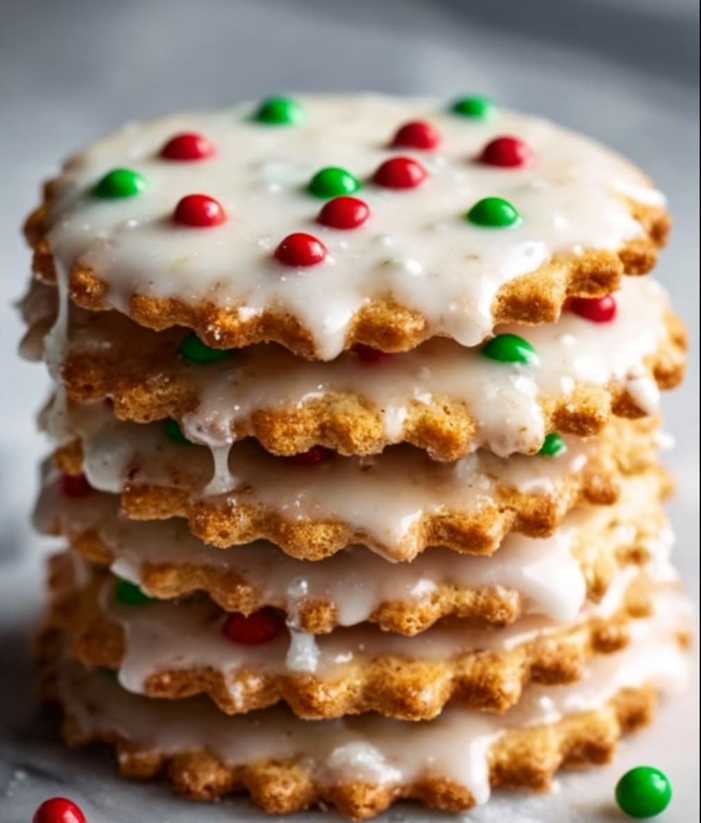 A stack of five Christmas cookies made with Ritz crackers is shown, each cracker topped with a shiny white icing layer that has a smooth texture and is slightly dripping over the edges. The icing is decorated with small round red and green candy dots scattered across the top. The cookies have a golden brown crust visible beneath the icing, showing a bumpy and crisp texture. The stack sits on a white marbled surface under soft light that highlights the shine of the icing and the roughness of the cracker edges. Photo taken with an iphone --ar 4:5 --v 7