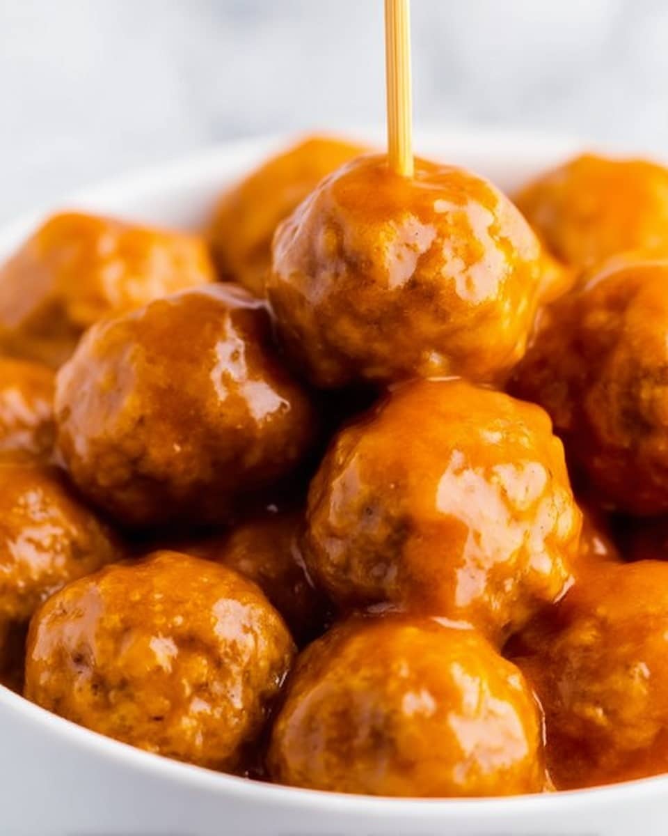 A close-up view of many small, round meatballs covered in a shiny, reddish-brown sauce, all gathered closely together in a white bowl. One meatball is at the center front with a toothpick stuck in it, showing the smooth and slightly sticky texture of the sauce. The meatballs have a soft, moist look with slight wrinkles and subtle color changes from light brown to reddish. The background shows a clean white marbled surface, making the warm colors of the dish stand out clearly. photo taken with an iphone --ar 4:5 --v 7