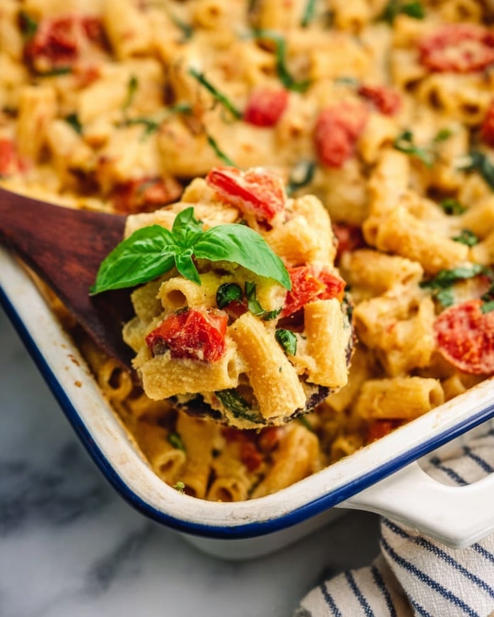The image shows a close-up of a white rectangular dish filled with baked pasta rigatoni. The pasta is creamy light yellow with small pieces of red tomato and green basil leaves mixed throughout. A wooden spoon lifts a scoop of the pasta, showing creamy layers with bits of herbs and diced tomatoes. The dish sits on a white marbled surface with a striped cloth partially visible. A fresh basil leaf tops the pasta scoop, adding a bright green contrast to the creamy and red tones. Photo taken with an iphone --ar 4:5 --v 7