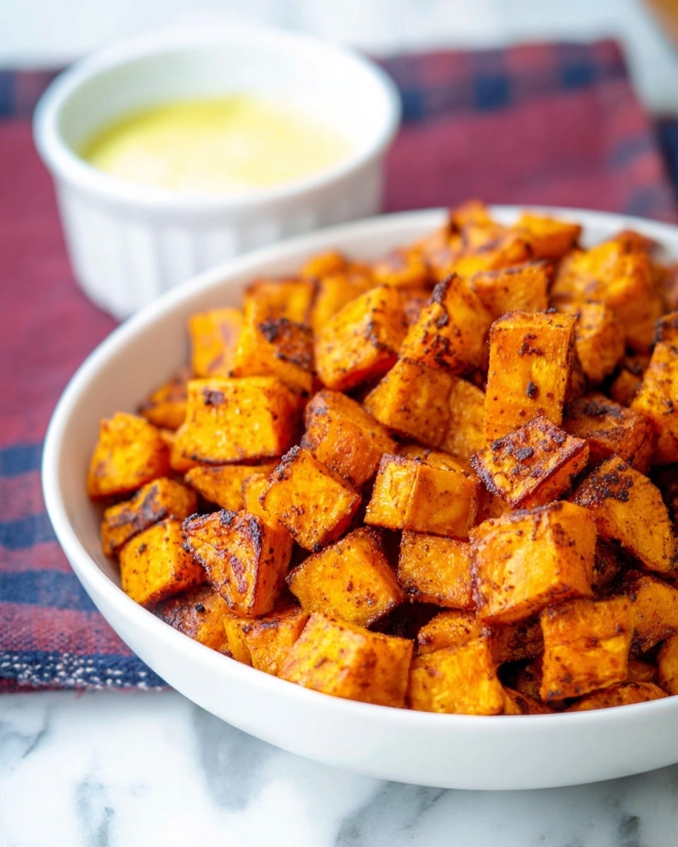A white bowl filled with many small, orange roasted sweet potato cubes that have a slightly crispy and browned texture on the edges, sitting on a folded checkered cloth with blue, purple, red, orange, and green stripes. In the background, there is a white bowl containing a smooth yellow sauce, all set on a white marbled surface. photo taken with an iphone --ar 4:5 --v 7