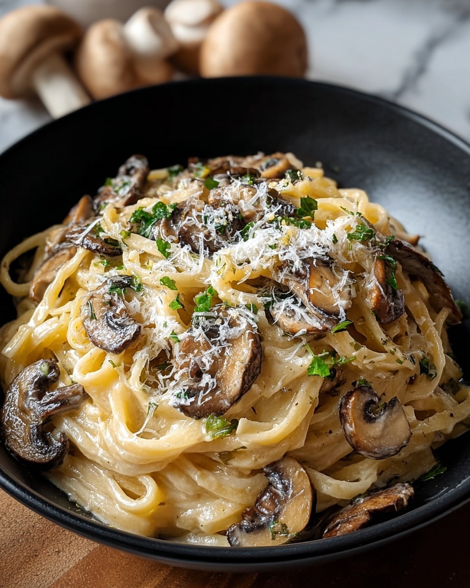 A close-up of a black bowl filled with creamy pasta, showing about two main layers: the thick pasta coated in a light beige creamy sauce as the base layer, and topped with sautéed brown mushroom slices scattered evenly throughout the pasta along with small green herb bits, finished with a generous sprinkling of pale grated cheese on top. The bowl sits on a white marbled surface with some whole mushrooms blurred in the background. photo taken with an iphone --ar 4:5 --v 7